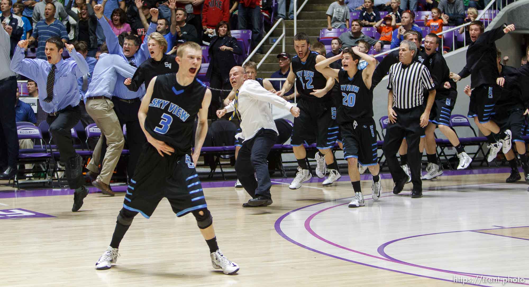 Sky View players leap off the bench to celebrate as Sky View beats Mountain Crest High School in the 4A basketball state championship game Saturday, March 2, 2013 in Ogden.