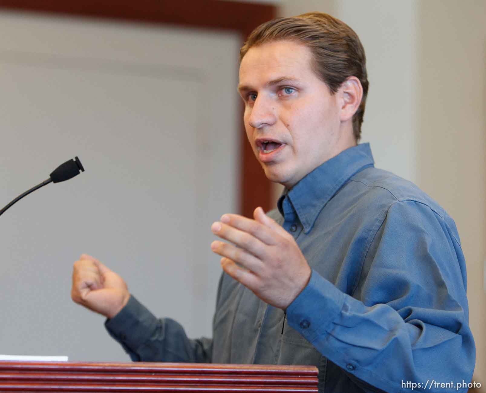 Trent Nelson  |  The Salt Lake Tribune
Don Barlow speaks during a court hearing on the polygamous UEP land trust, Friday April 12, 2013 in Salt Lake City.