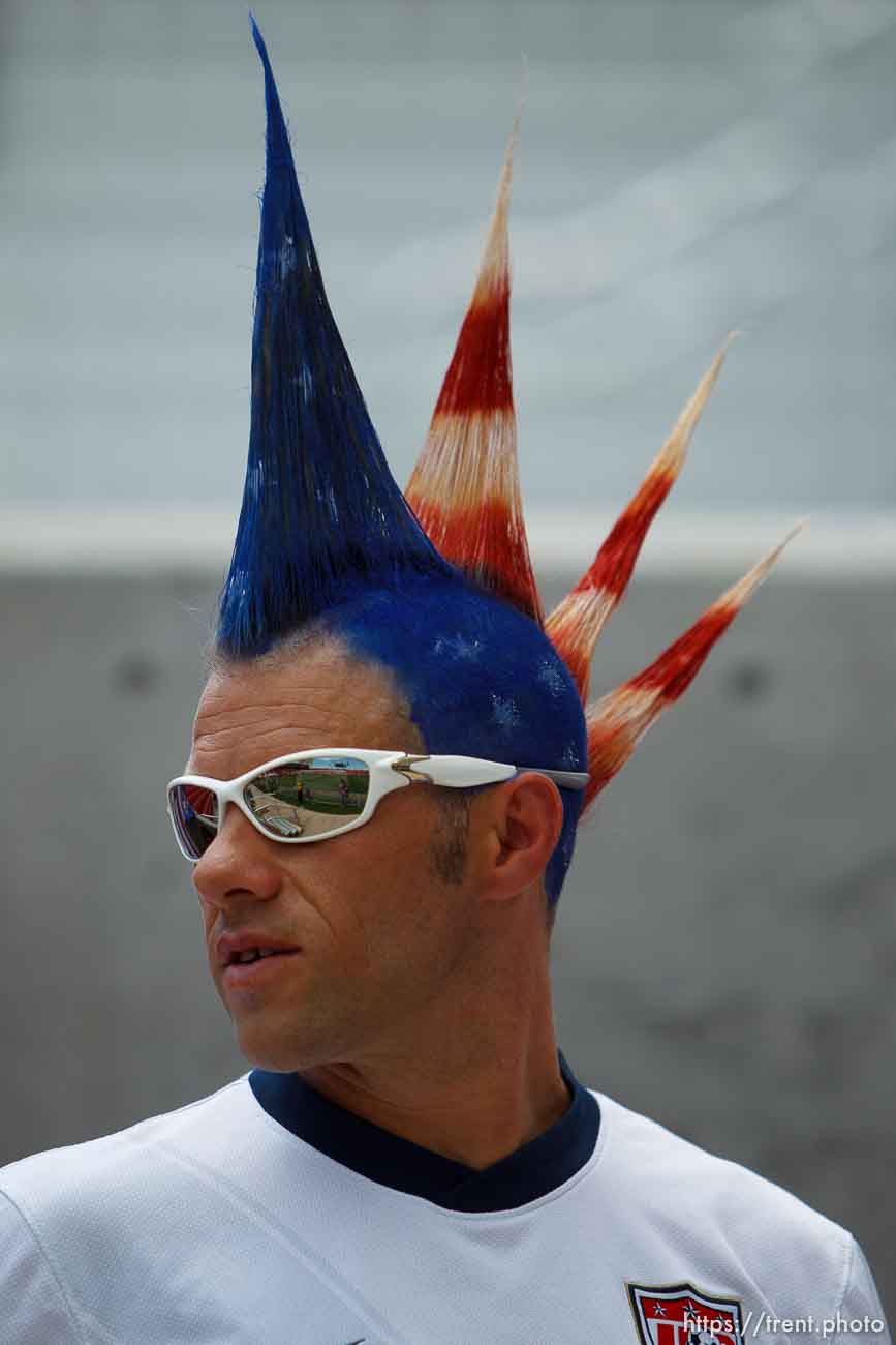 Trent Nelson  |  The Salt Lake Tribune
USA fan Randolf Scott with his red white and blue mohawk, as the United States faces Cuba in CONCACAF Gold Cup soccer at Rio Tinto Stadium in Sandy, Saturday July 13, 2013.