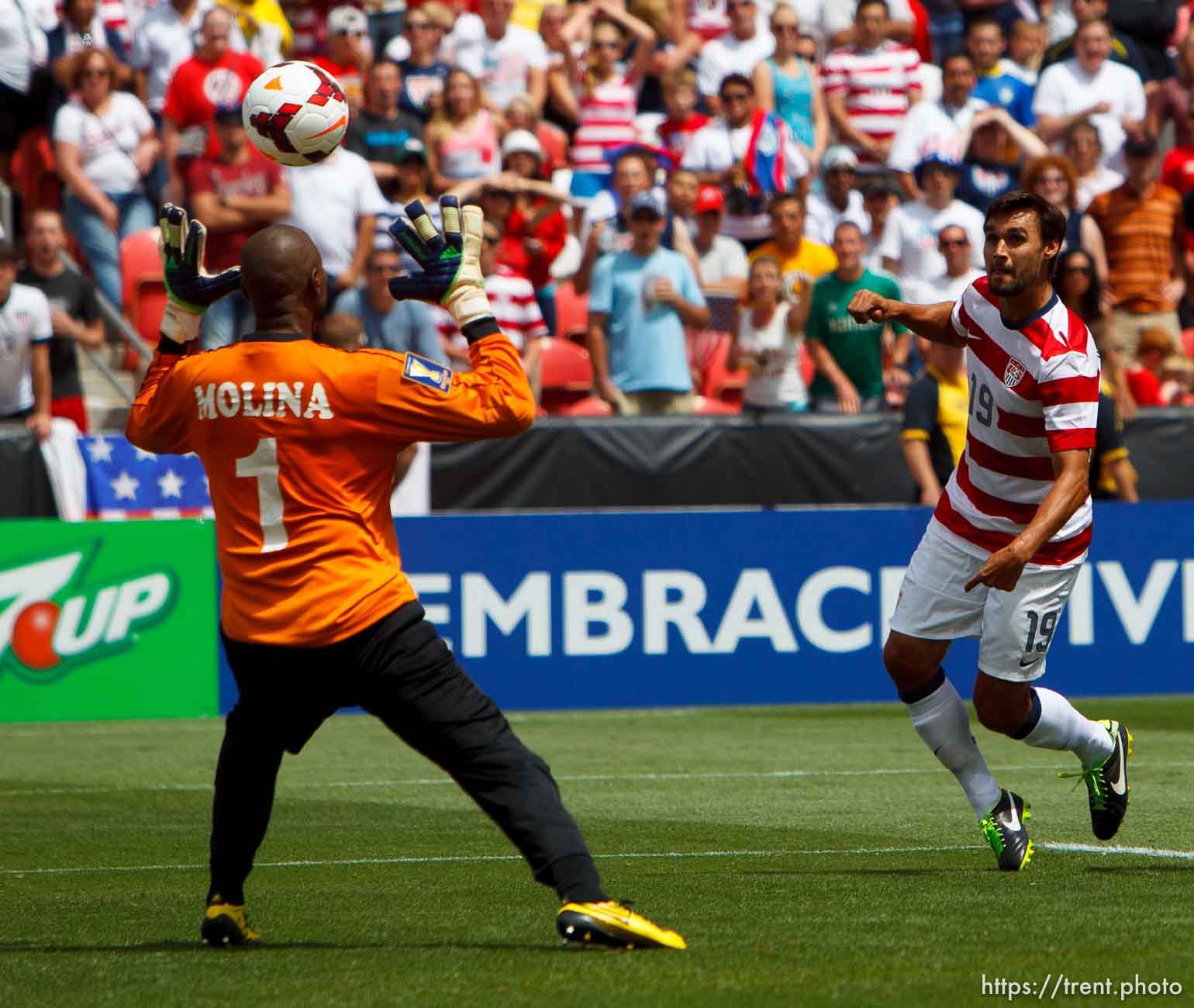 Trent Nelson  |  The Salt Lake Tribune
USA's Chris Wondolowski knocks the ball over Cuba goalkeeper Odelin Molina for a second half goal as the United States faces Cuba in CONCACAF Gold Cup soccer at Rio Tinto Stadium in Sandy, Saturday July 13, 2013.