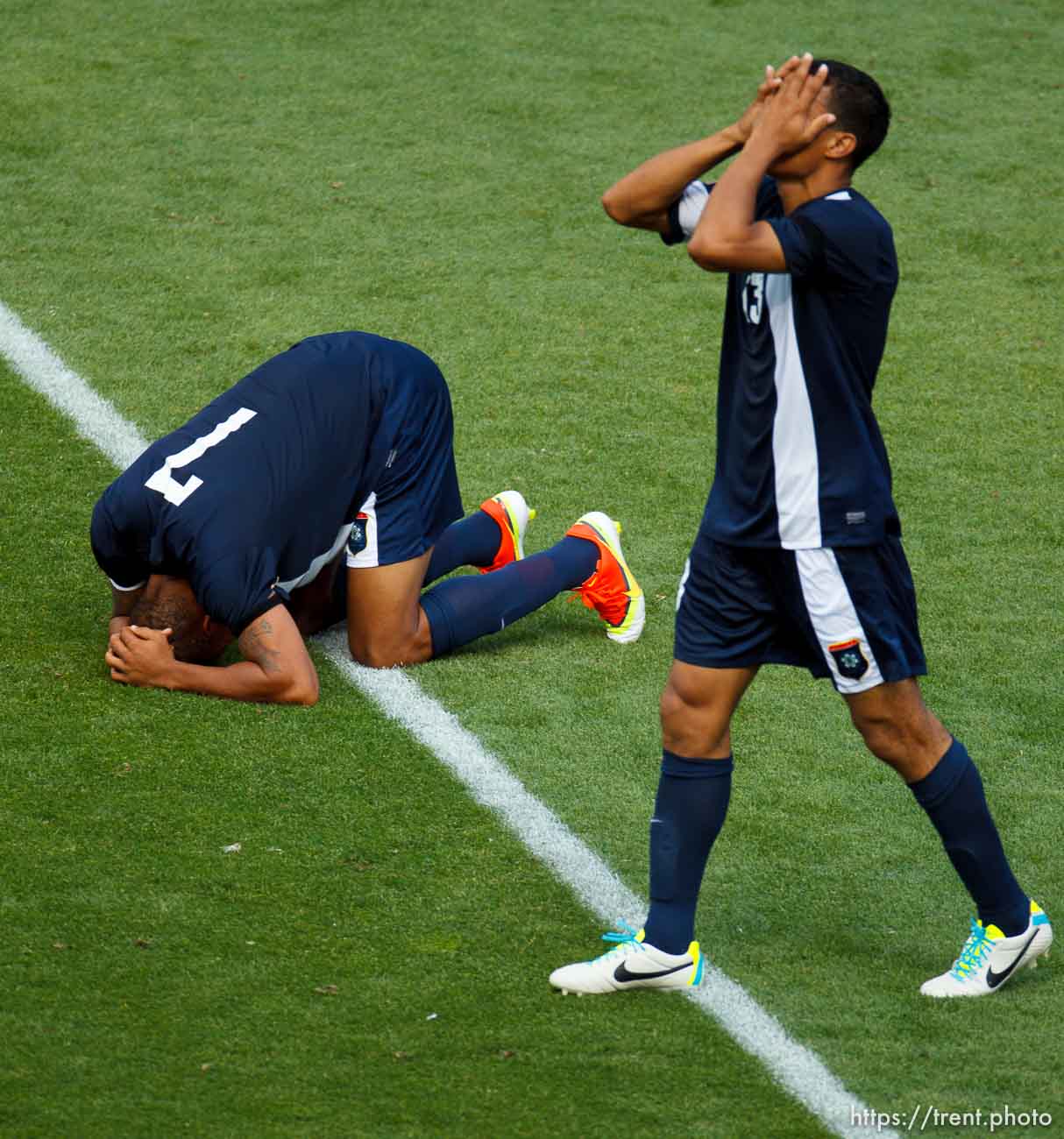 Trent Nelson  |  The Salt Lake Tribune
Belize's Ian Gaynair (7) and Dalton Eiley react to Eiley's own-goal as Costa Rica defeats Belize 1-0 in CONCACAF Gold Cup soccer at Rio Tinto Stadium in Sandy, Saturday July 13, 2013.