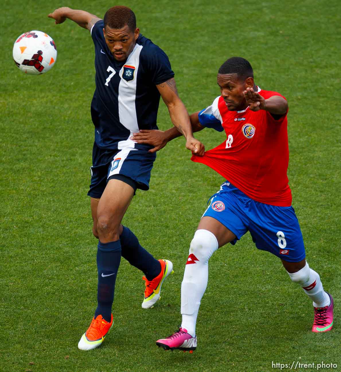 Trent Nelson  |  The Salt Lake Tribune
Belize's Ian Gaynair chases the ball with Costa Rica's Kenny Cunningham defending as Costa Rica defeats Belize 1-0 in CONCACAF Gold Cup soccer at Rio Tinto Stadium in Sandy, Saturday July 13, 2013.