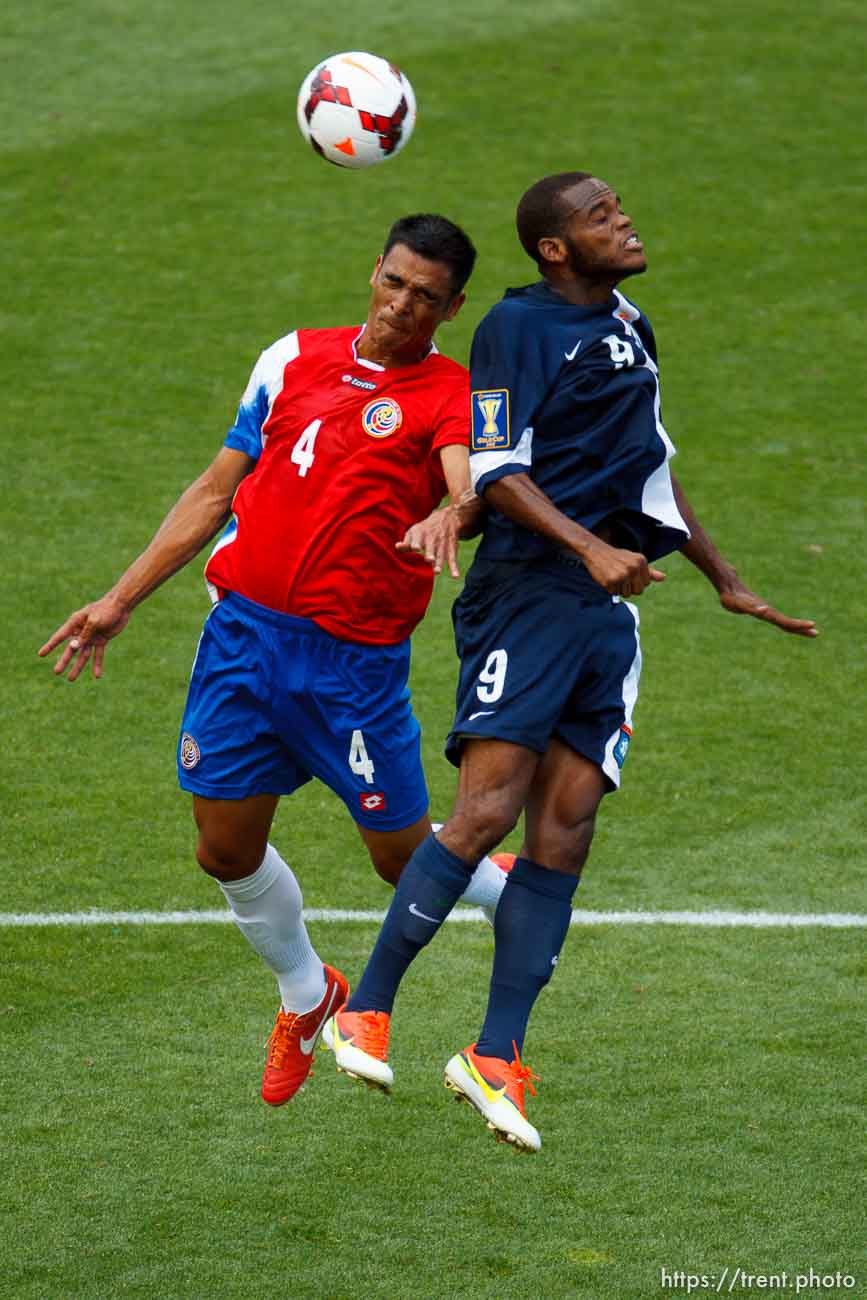 Trent Nelson  |  The Salt Lake Tribune
Costa Rica's Michael Umana and Belize's Deon McCaulay head the ball as Costa Rica defeats Belize 1-0 in CONCACAF Gold Cup soccer at Rio Tinto Stadium in Sandy, Saturday July 13, 2013.