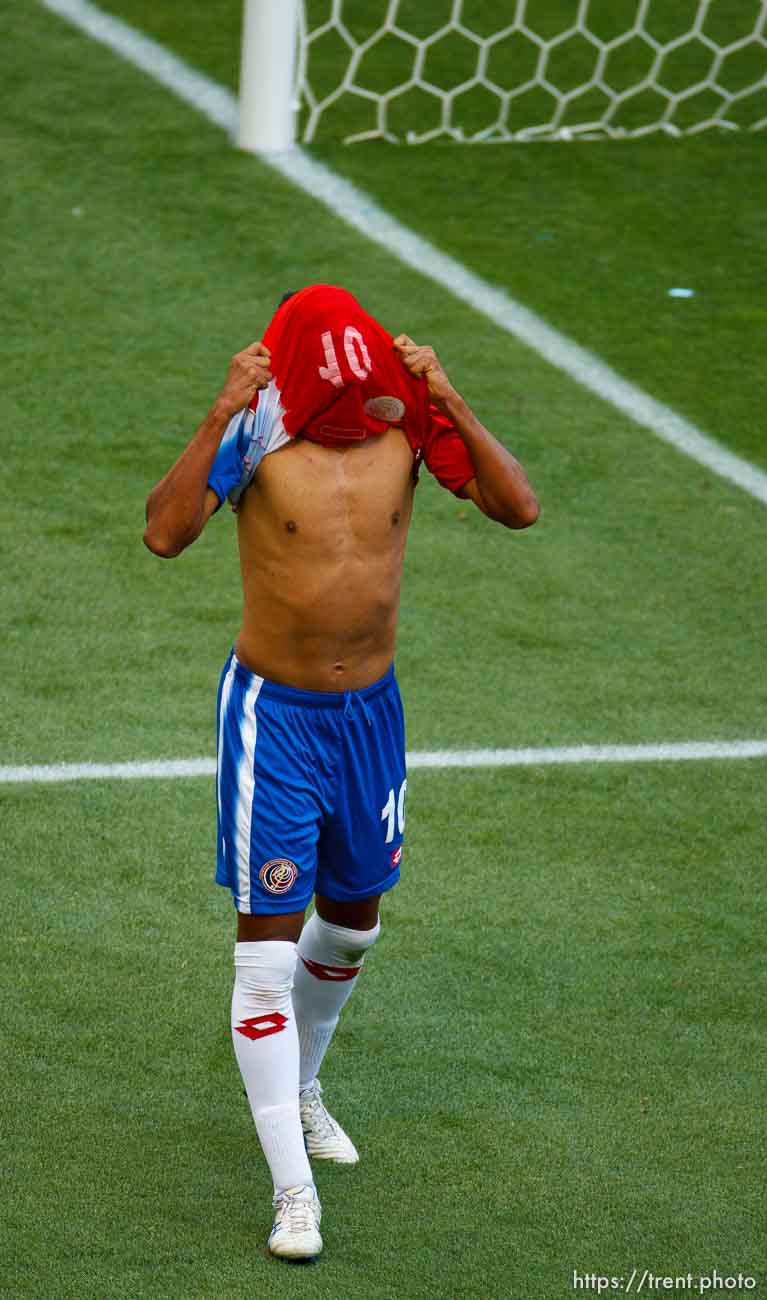 Trent Nelson  |  The Salt Lake Tribune
Costa Rica's Osvaldo Rodriguez pulls his jersey over his face after nearly scoring a goal as the Costa Rica defeats Belize 1-0 in CONCACAF Gold Cup soccer at Rio Tinto Stadium in Sandy, Saturday July 13, 2013.