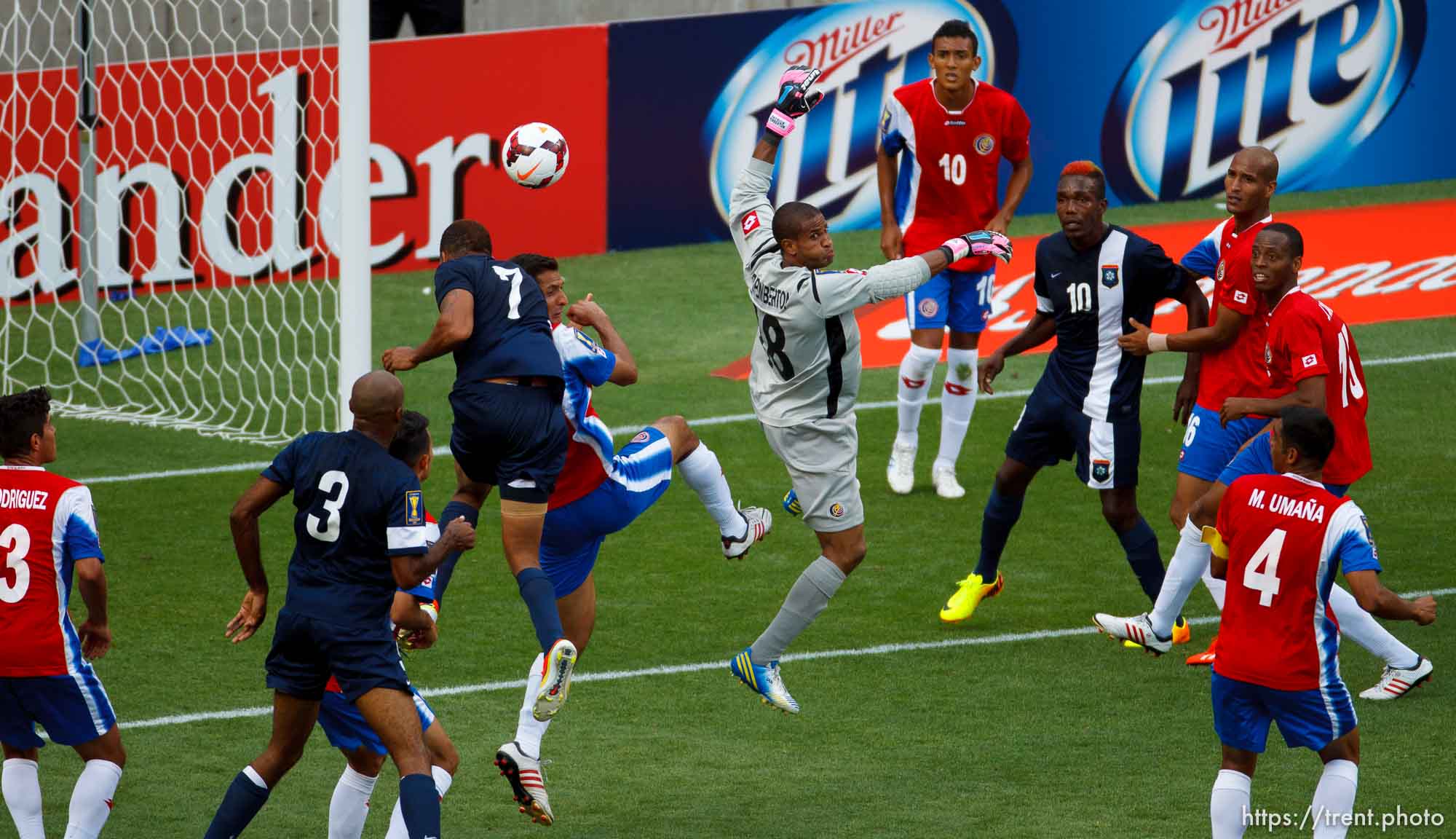 Trent Nelson  |  The Salt Lake Tribune
Costa Rica goalkeeper Patrick Pemberton, center, defending the goal as the Costa Rica defeats Belize 1-0 in CONCACAF Gold Cup soccer at Rio Tinto Stadium in Sandy, Saturday July 13, 2013.