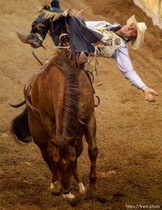 Trent Nelson  |  The Salt Lake Tribune
Matthew Smith competing in Championship Bareback Riding at the Days of '47 Rodeo at EnergySolutions Arena in Salt Lake City Saturday July 20, 2013.