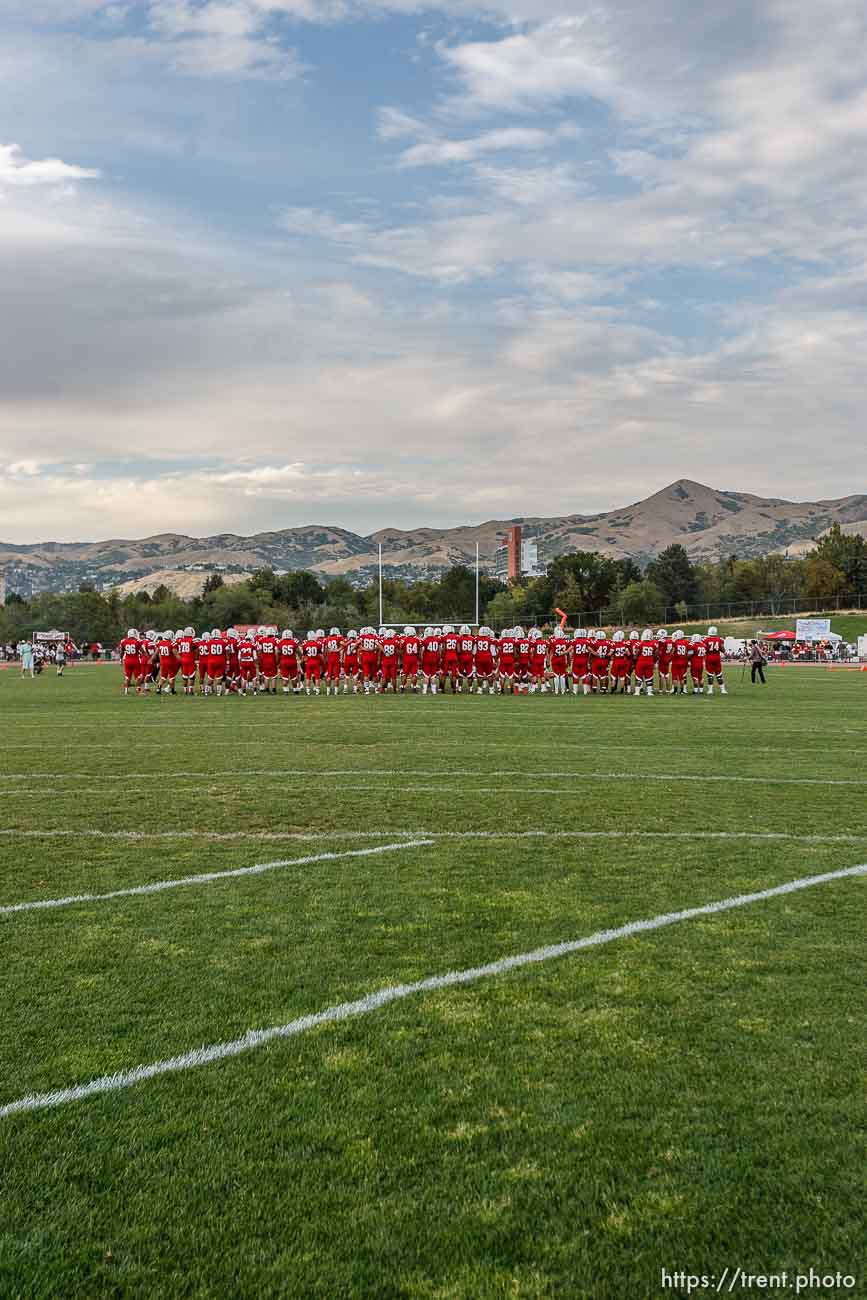 Trent Nelson  |  The Salt Lake Tribune
East players line up pre-game as East High School hosts Kahuku (HI), high school football Saturday, August 31, 2013 in Salt Lake City.