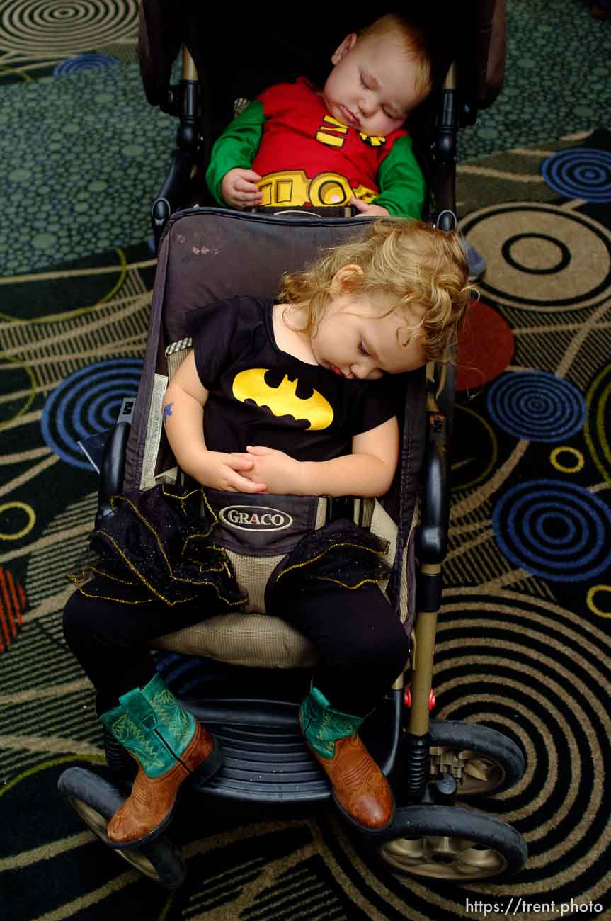 Trent Nelson  |  The Salt Lake Tribune
Lanaya and Liam Parson, Batman and Robin, crashed out in their stroller after a day at Salt Lake Comic Con in Salt Lake City Saturday, September 7, 2013.