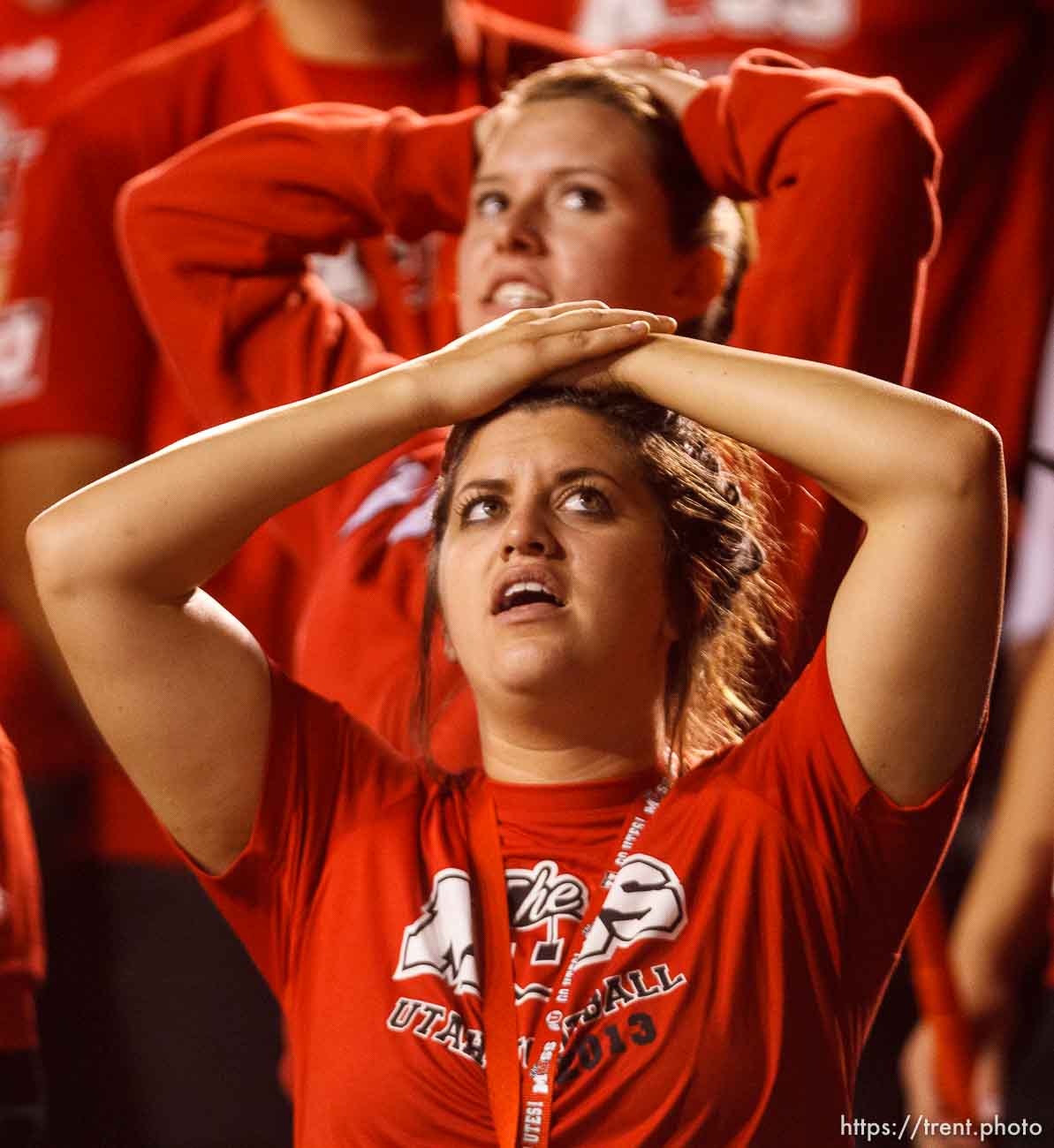 Trent Nelson  |  The Salt Lake Tribune
Utah fans react to a long Oregon pass that put the ball on the 7 yard line and led to a touchdown as the University of Utah hosts Oregon State, college football at Rice Eccles Stadium Saturday, September 14, 2013 in Salt Lake City.