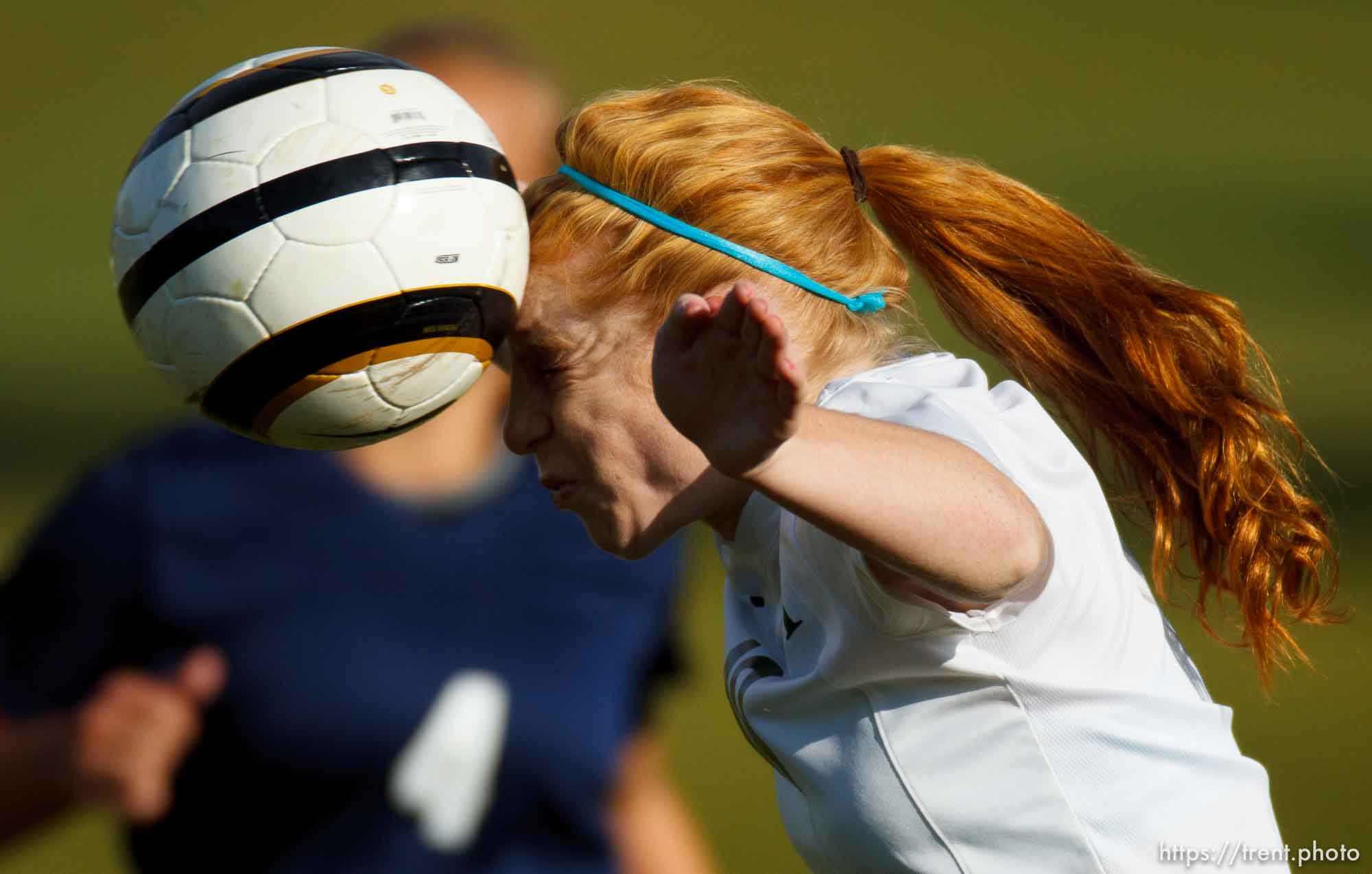 Trent Nelson  |  The Salt Lake Tribune
Rowland Hall's Emma Carlin heads the ball as Rowland Hall faces American Leadership Academy in girls 2A high school soccer playoffs in Salt Lake City, Wednesday October 16, 2013.