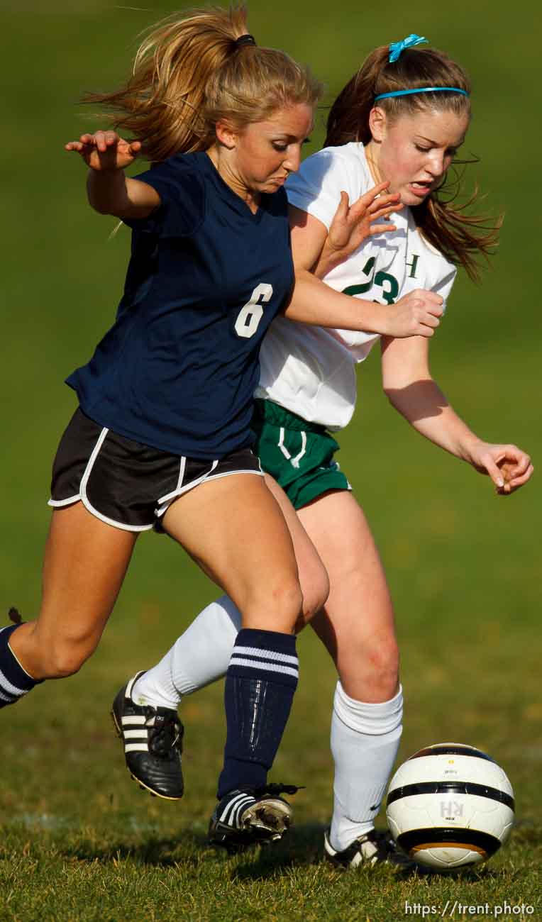 Trent Nelson  |  The Salt Lake Tribune
ALA's Jenessa Curtis and Rowland Hall's Jessica Sterrett vie for the ball as Rowland Hall faces American Leadership Academy in girls 2A high school soccer playoffs in Salt Lake City, Wednesday October 16, 2013.