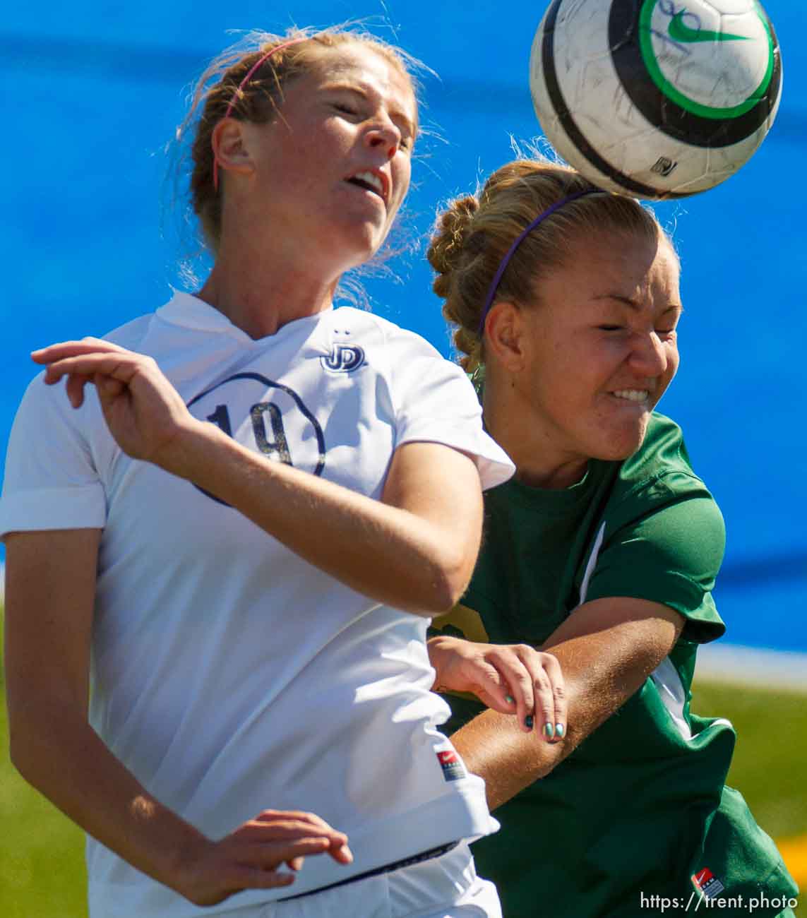 Trent Nelson  |  The Salt Lake Tribune
Juan Diego's Holli Chapton heads the ball. Juan Diego High School hosts Snow Canyon in a 3A girls' soccer state quarterfinal match in Draper, Saturday October 19, 2013.