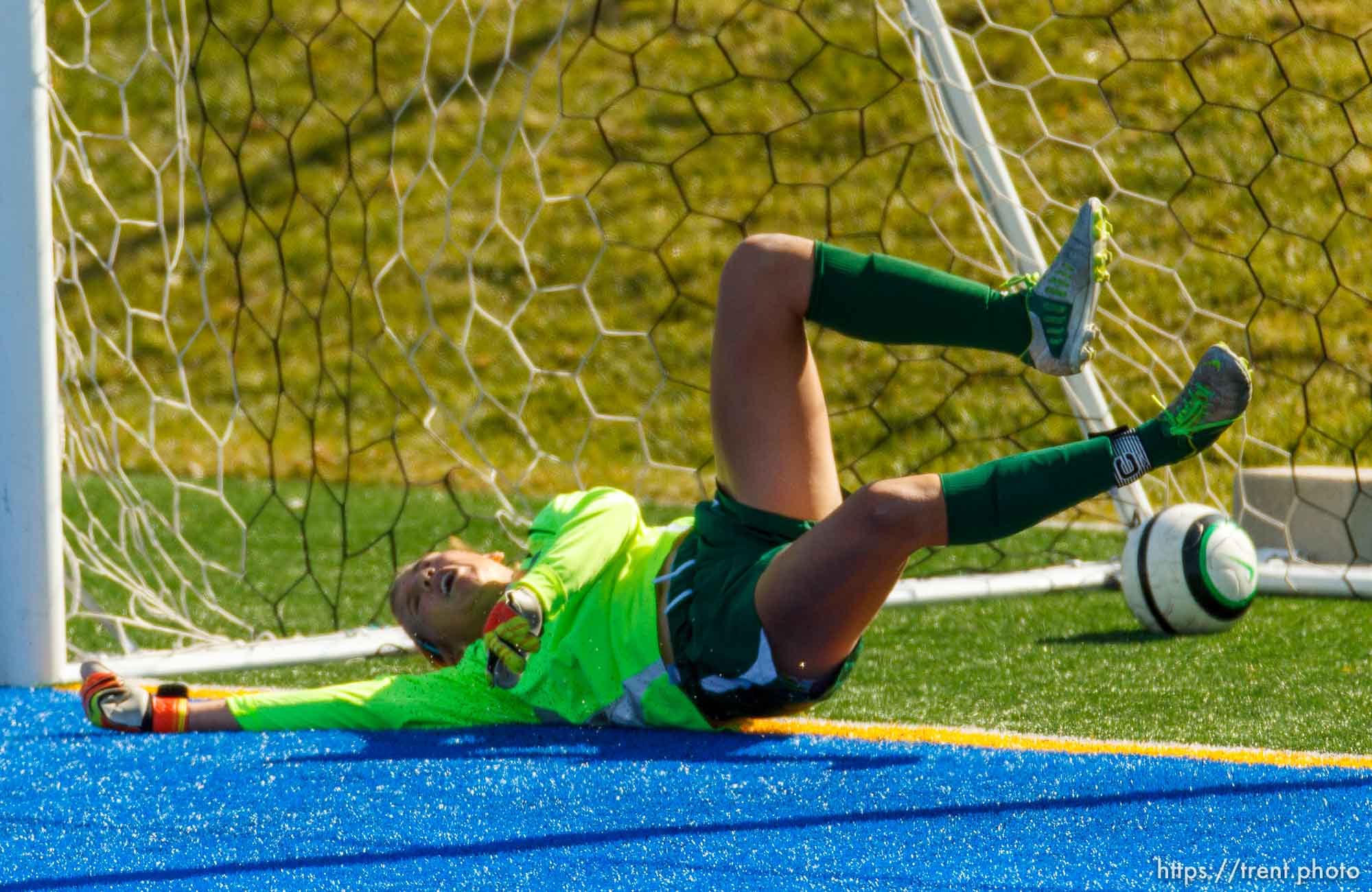 Trent Nelson  |  The Salt Lake Tribune
Juan Diego scores on a penalty kick by Emily Pascua as Snow Canyon's Grace Walton tries to make the save. Juan Diego High School hosts Snow Canyon in a 3A girls' soccer state quarterfinal match in Draper, Saturday October 19, 2013.