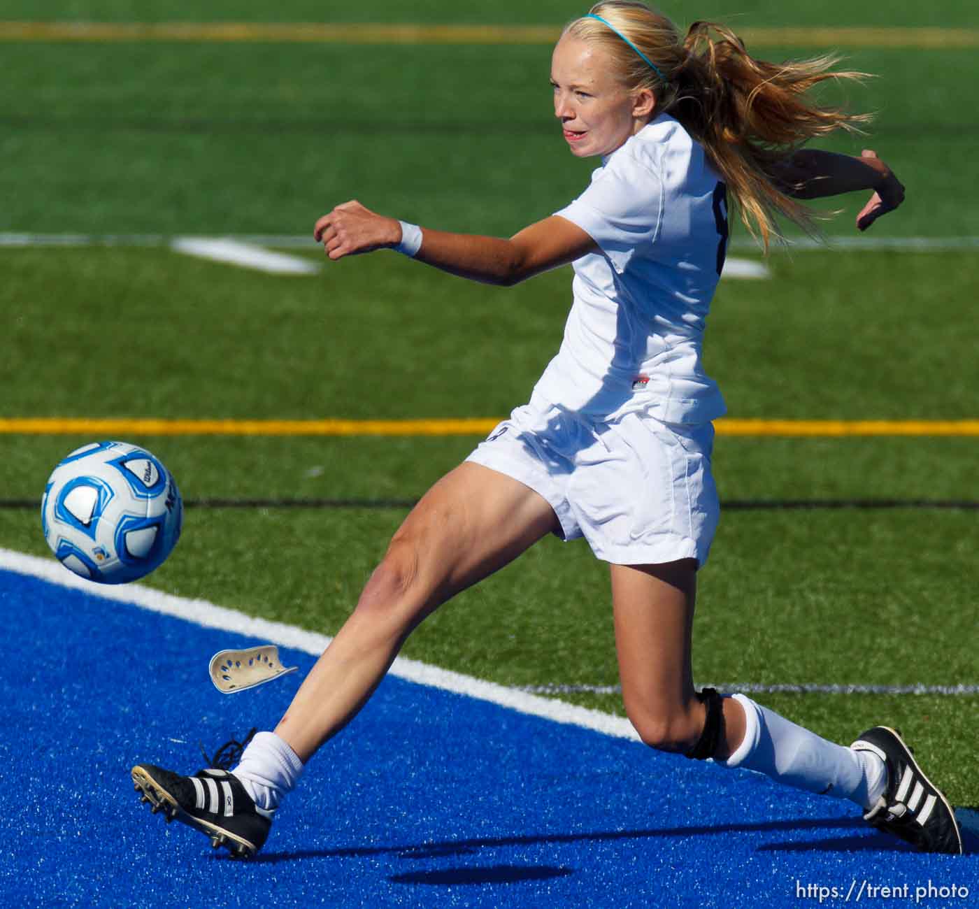 Trent Nelson  |  The Salt Lake Tribune
Timpanogos's Devri Hartle takes a shot as Mountain View faces Timpanogos High School in a 4A girls state soccer semifinal match, Tuesday October 22, 2013.