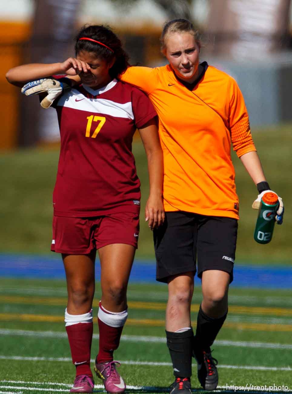 Trent Nelson  |  The Salt Lake Tribune
Mountain View's Maudy Davila and Natalie Hall react to the loss, as Mountain View faces Timpanogos High School in a 4A girls state soccer semifinal match, Tuesday October 22, 2013.