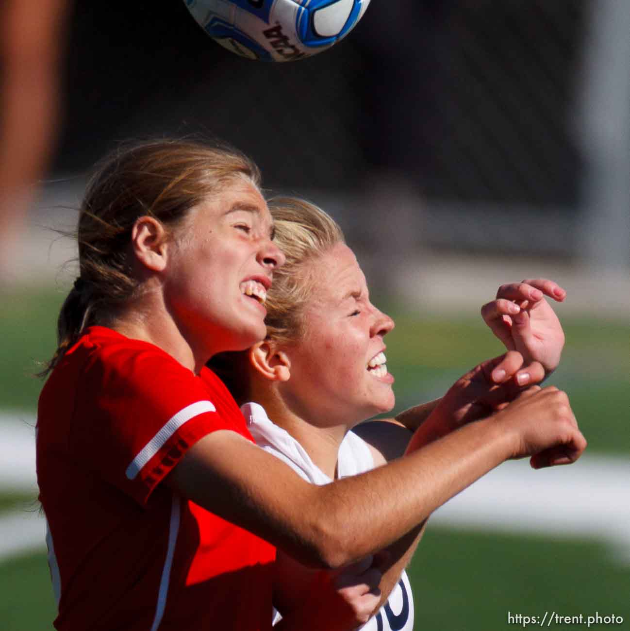 Trent Nelson  |  The Salt Lake Tribune
East's 36 and Skyline's Tysa Sillitoe head the ball, as East faces Skyline High School in a 4A girls state soccer semifinal match, Tuesday October 22, 2013.