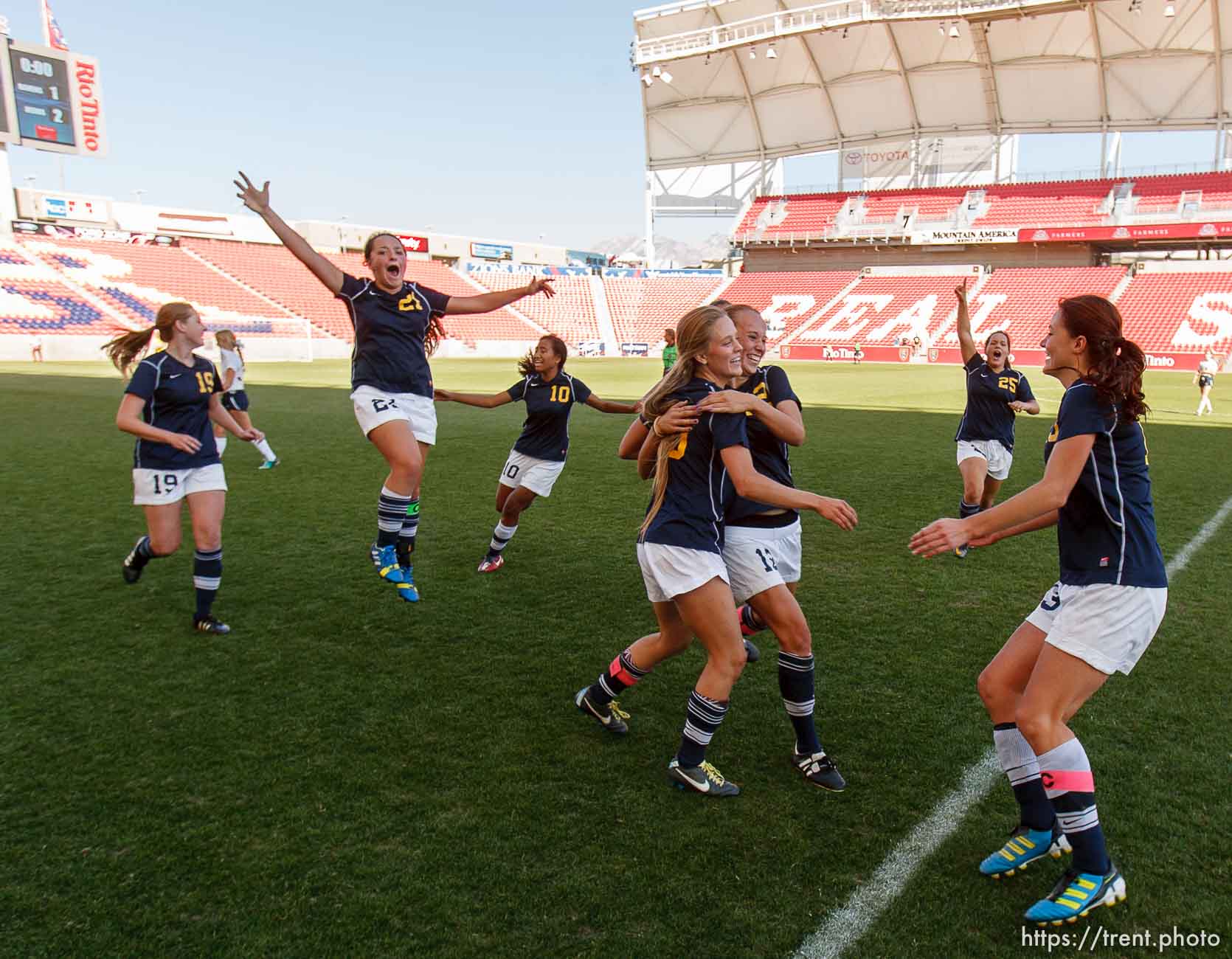 Trent Nelson  |  The Salt Lake Tribune
Summit players celebrate their over Waterford in the 2A high school girls' soccer state championship game at Rio Tinto Stadium in Sandy, Saturday October 26, 2013.