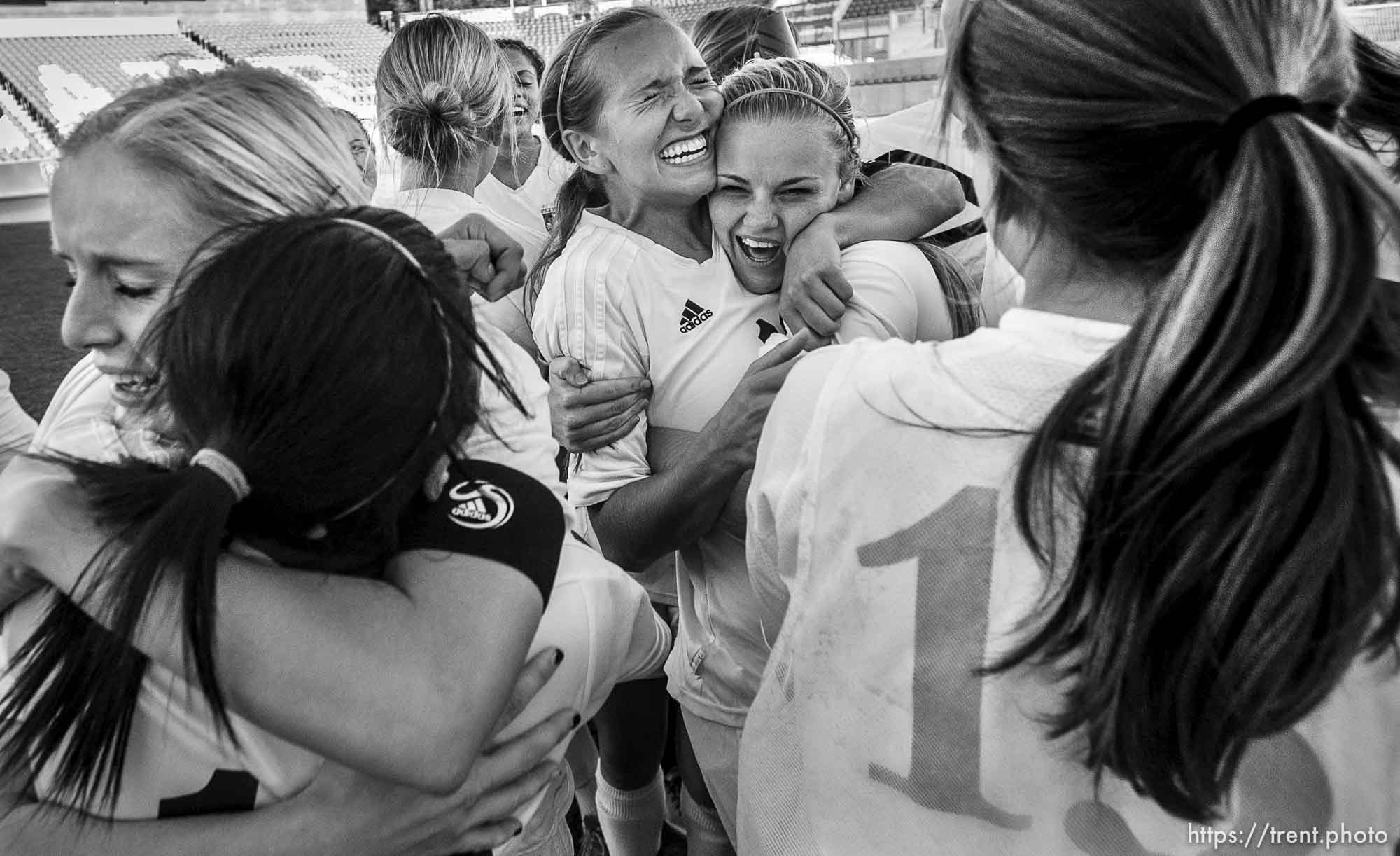 Trent Nelson  |  The Salt Lake Tribune
Dixie players celebrate their championship win, as Juan Diego faces Dixie in the 3A high school girls' soccer state championship game at Rio Tinto Stadium in Sandy, Saturday October 26, 2013.