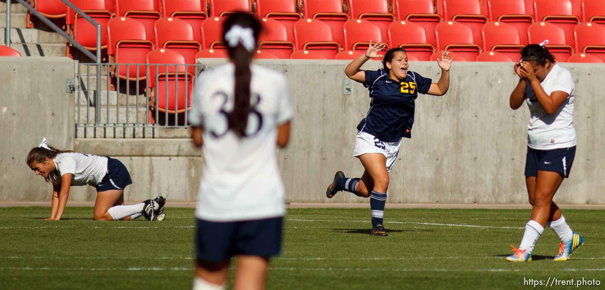 Trent Nelson  |  The Salt Lake Tribune
Summit's Juliana Stratford celebrates her goal as Waterford faces Summit Academy in the 2A high school girls' soccer state championship game at Rio Tinto Stadium in Sandy, Saturday October 26, 2013.