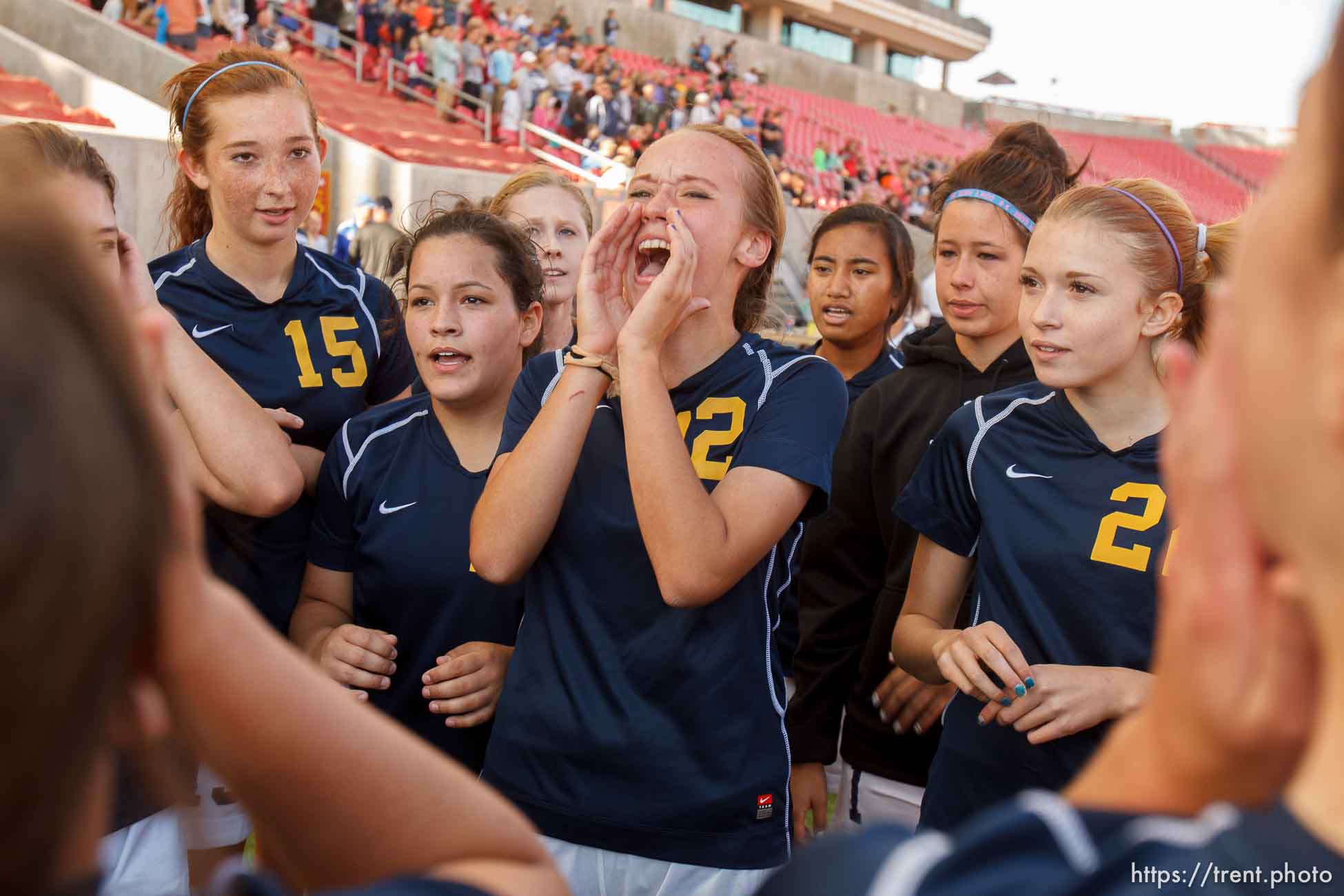 Trent Nelson  |  The Salt Lake Tribune
Summit players celebrate their over Waterford in the 2A high school girls' soccer state championship game at Rio Tinto Stadium in Sandy, Saturday October 26, 2013.