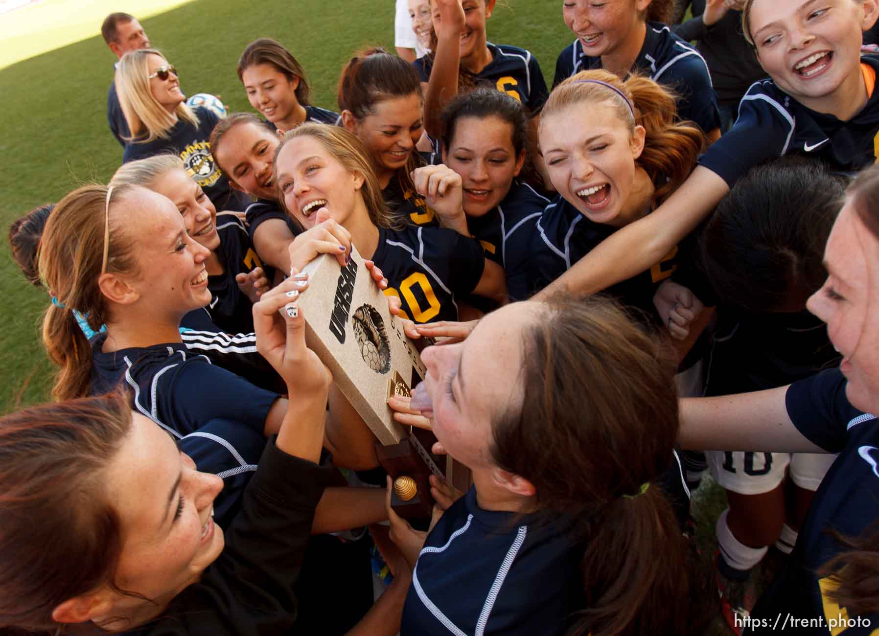 Trent Nelson  |  The Salt Lake Tribune
Summit players celebrate their over Waterford in the 2A high school girls' soccer state championship game at Rio Tinto Stadium in Sandy, Saturday October 26, 2013.