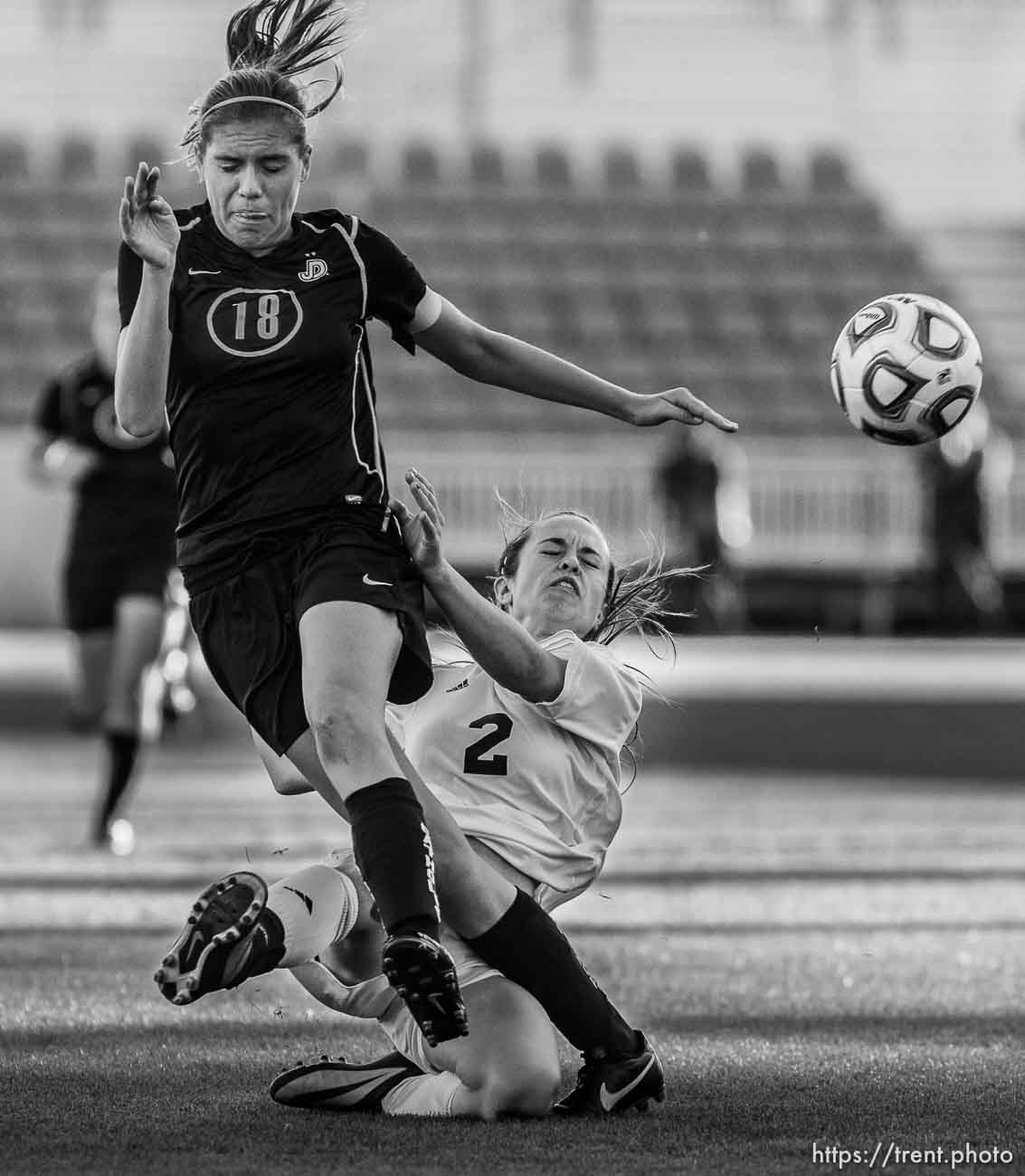 Trent Nelson  |  The Salt Lake Tribune
Dixie's Cassidy Gray, defended by Juan Diego's Claire Kolff as Juan Diego faces Dixie in the 3A high school girls' soccer state championship game at Rio Tinto Stadium in Sandy, Saturday October 26, 2013.