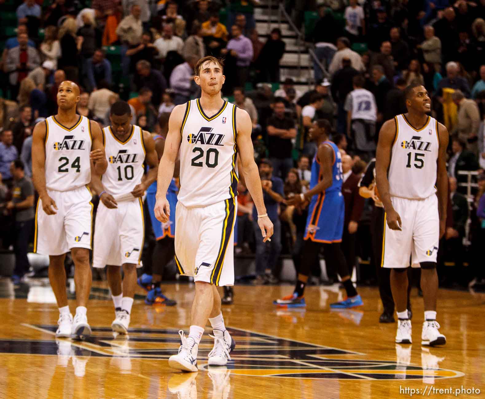 Trent Nelson  |  The Salt Lake Tribune
Utah Jazz guard Gordon Hayward (20) walks off the court after missing the final shot of the game as the Utah Jazz host the Oklahoma City Thunder, NBA Basketball at EnergySolutions Arena in Salt Lake City, Wednesday October 30, 2013.