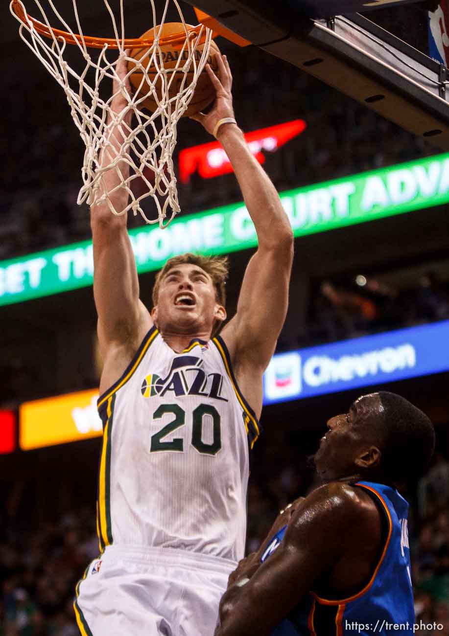 Trent Nelson  |  The Salt Lake Tribune
Utah Jazz guard Gordon Hayward (20) dunks the ball, as the Utah Jazz host the Oklahoma City Thunder, NBA Basketball at EnergySolutions Arena in Salt Lake City, Wednesday October 30, 2013.