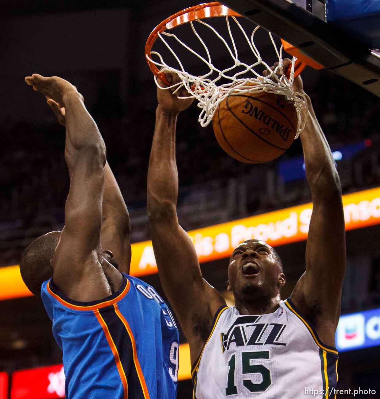 Trent Nelson  |  The Salt Lake Tribune
Utah Jazz forward Derrick Favors (15) dunks the ball, as the Utah Jazz host the Oklahoma City Thunder, NBA Basketball at EnergySolutions Arena in Salt Lake City, Wednesday October 30, 2013.