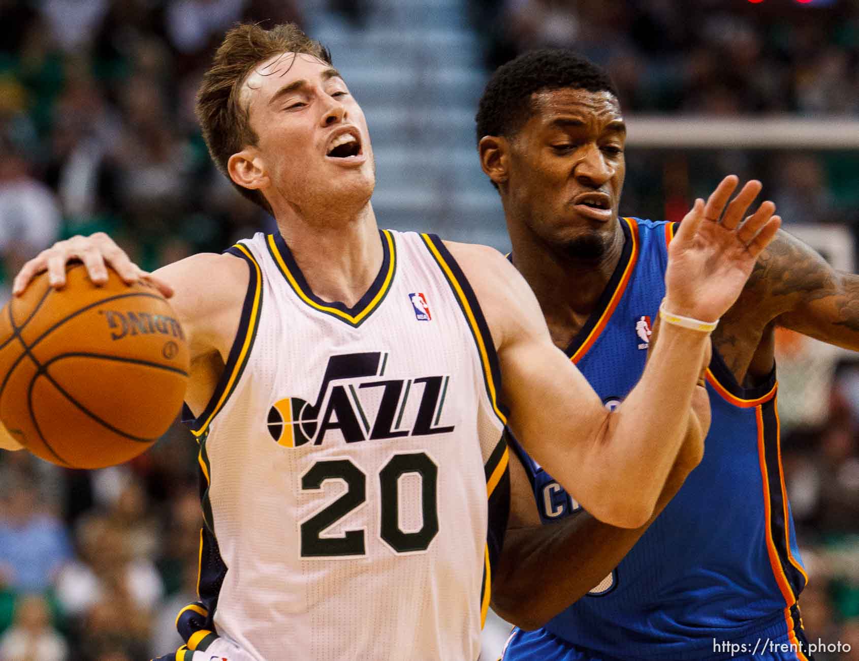 Trent Nelson  |  The Salt Lake Tribune
Utah Jazz guard Gordon Hayward (20), defended by Oklahoma City Thunder forward Perry Jones (3), as the Utah Jazz host the Oklahoma City Thunder, NBA Basketball at EnergySolutions Arena in Salt Lake City, Wednesday October 30, 2013.