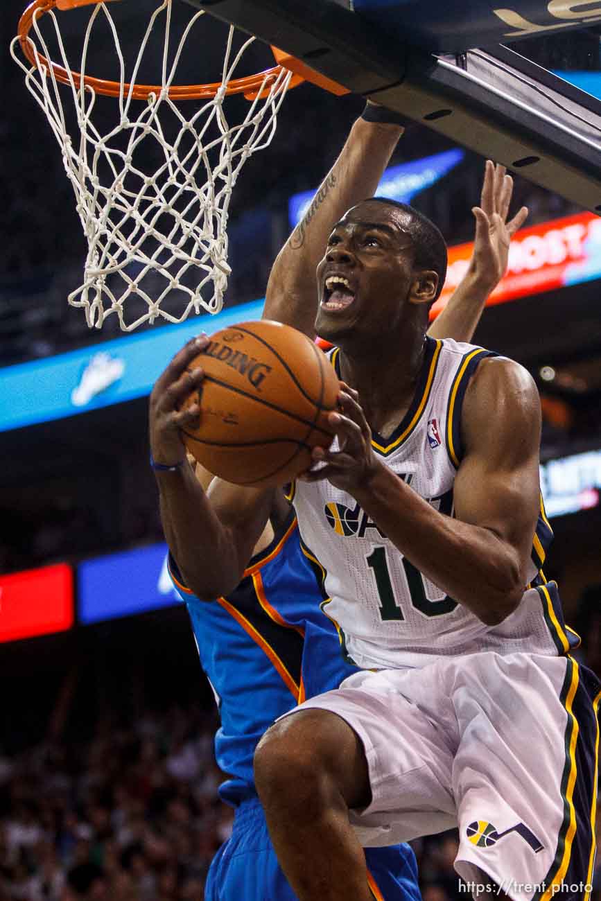 Trent Nelson  |  The Salt Lake Tribune
Utah Jazz guard Alec Burks (10) scores as the Utah Jazz host the Oklahoma City Thunder, NBA Basketball at EnergySolutions Arena in Salt Lake City, Wednesday October 30, 2013.