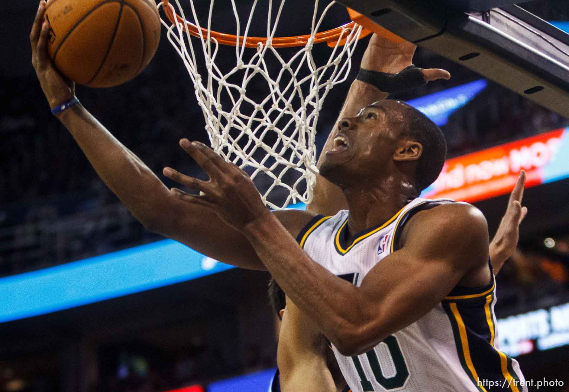 Trent Nelson  |  The Salt Lake Tribune
Utah Jazz guard Alec Burks (10) scores as the Utah Jazz host the Oklahoma City Thunder, NBA Basketball at EnergySolutions Arena in Salt Lake City, Wednesday October 30, 2013.