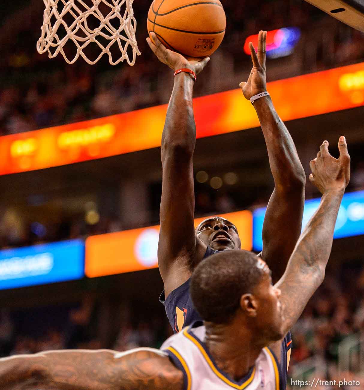 Trent Nelson  |  The Salt Lake Tribune
New Orleans Pelicans point guard Jrue Holiday (11) shoots over Utah Jazz power forward Marvin Williams (2) as the Jazz face the New Orleans Pelicans, NBA basketball at EnergySolutions Arena in Salt Lake City, Wednesday November 13, 2013.