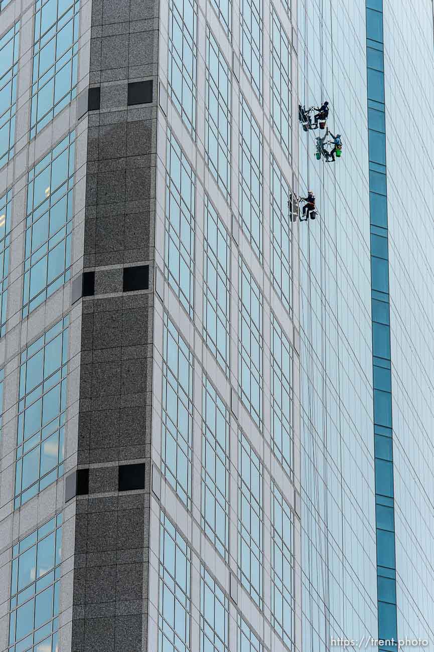 Trent Nelson  |  The Salt Lake Tribune
Window washers hanging on the Wells Fargo Building in Salt Lake City on a chilly Friday, November 15, 2013.