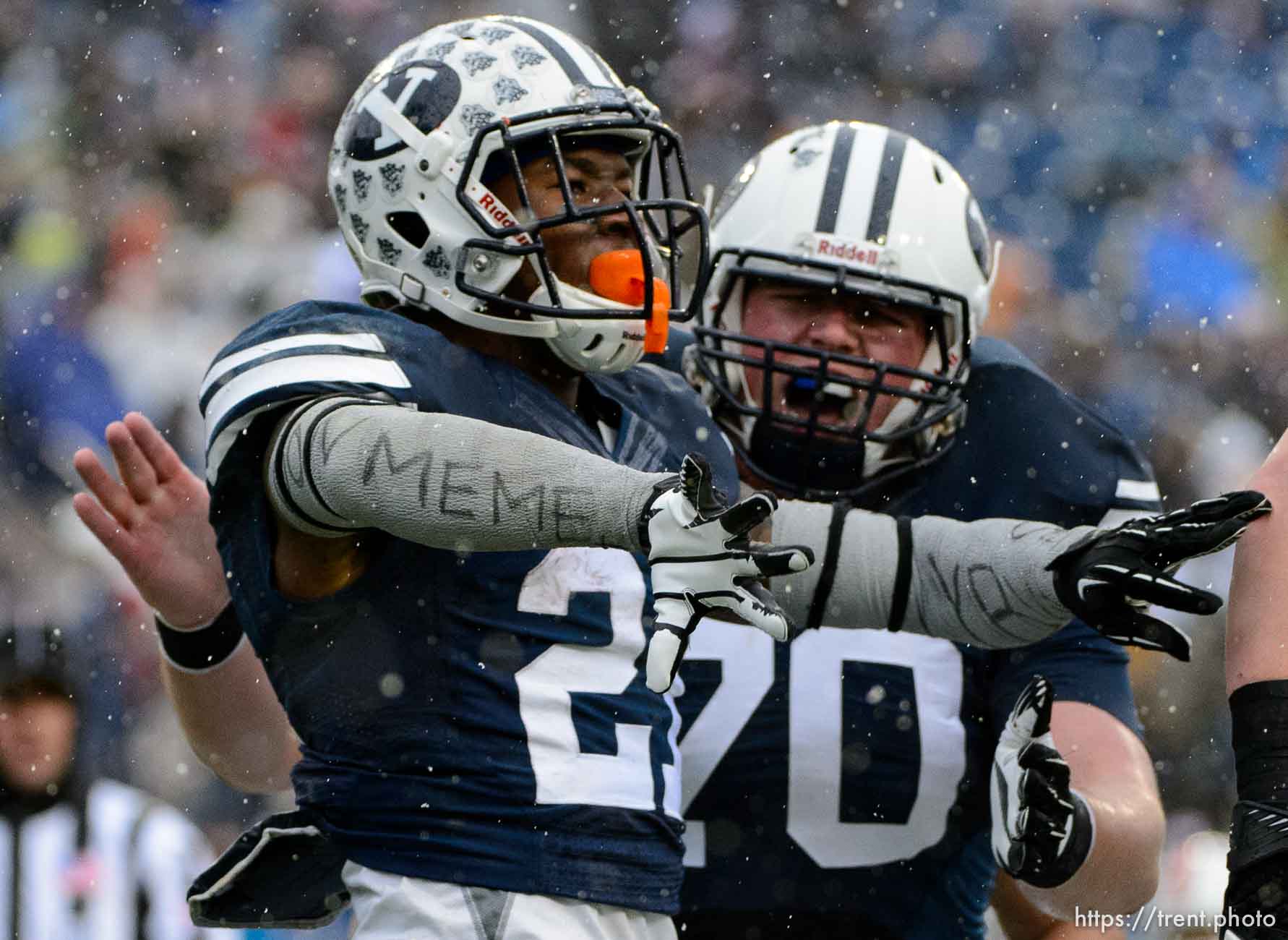 Trent Nelson  |  The Salt Lake Tribune
Brigham Young Cougars running back Jamaal Williams (21) celebrates a tochdown as BYU hosts Idaho State, college football at LaVell Edwards Stadium in Provo, Saturday November 16, 2013.