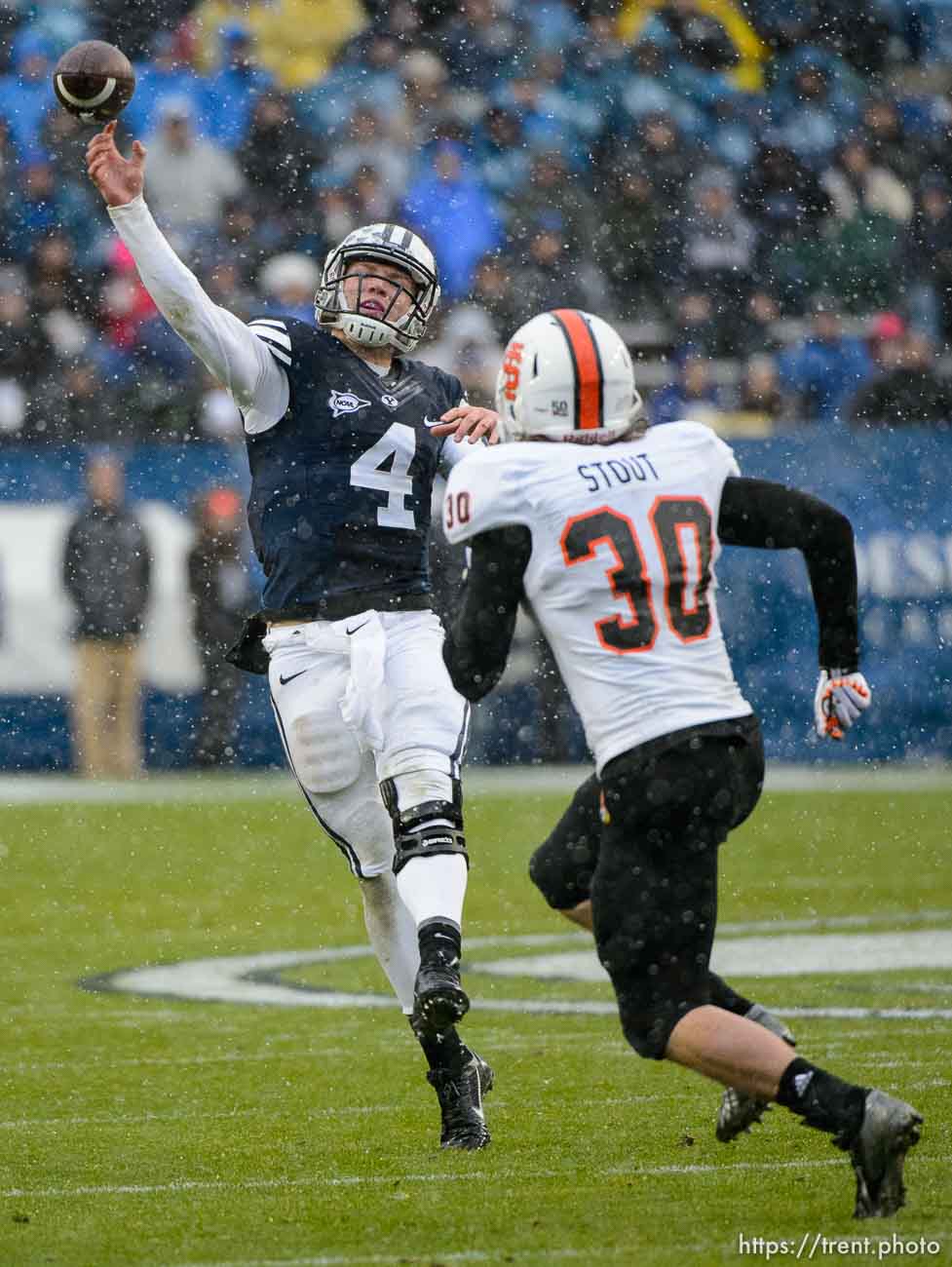 Trent Nelson  |  The Salt Lake Tribune
Brigham Young Cougars quarterback Taysom Hill (4) passes as BYU hosts Idaho State, college football at LaVell Edwards Stadium in Provo, Saturday November 16, 2013.