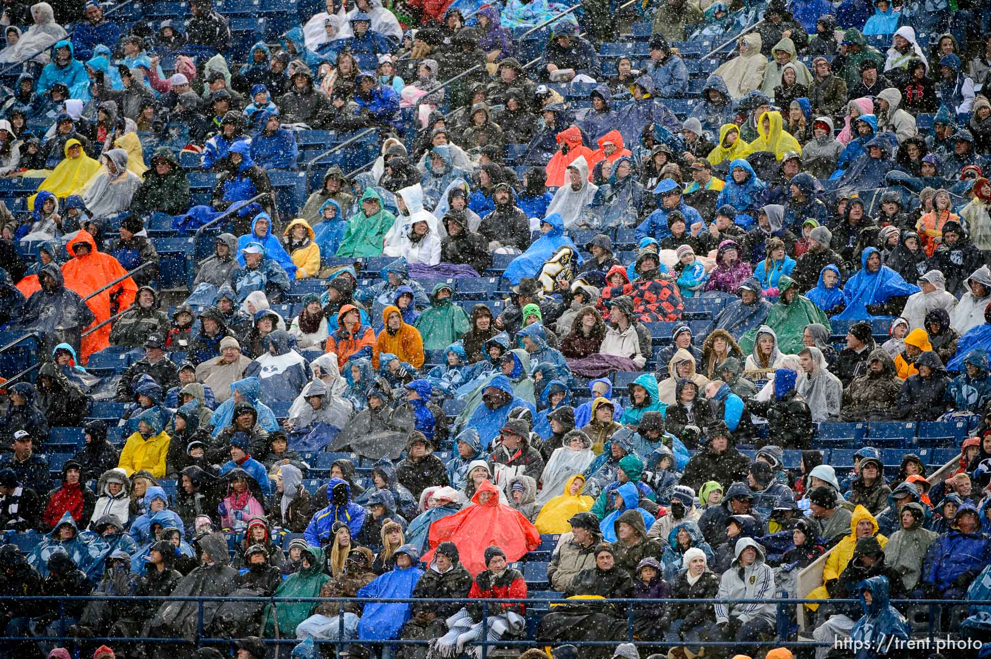 Trent Nelson  |  The Salt Lake Tribune
The colors of BYU fans' ponchos in the rain, as BYU hosts Idaho State, college football at LaVell Edwards Stadium in Provo, Saturday November 16, 2013.