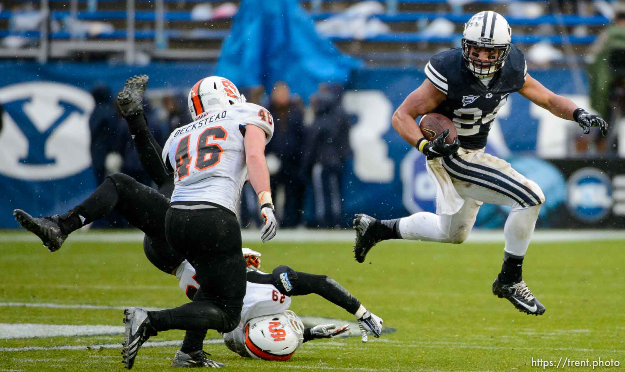 Trent Nelson  |  The Salt Lake Tribune
Brigham Young Cougars running back Algernon Brown (24) runs the ball as BYU hosts Idaho State, college football at LaVell Edwards Stadium in Provo, Saturday November 16, 2013.