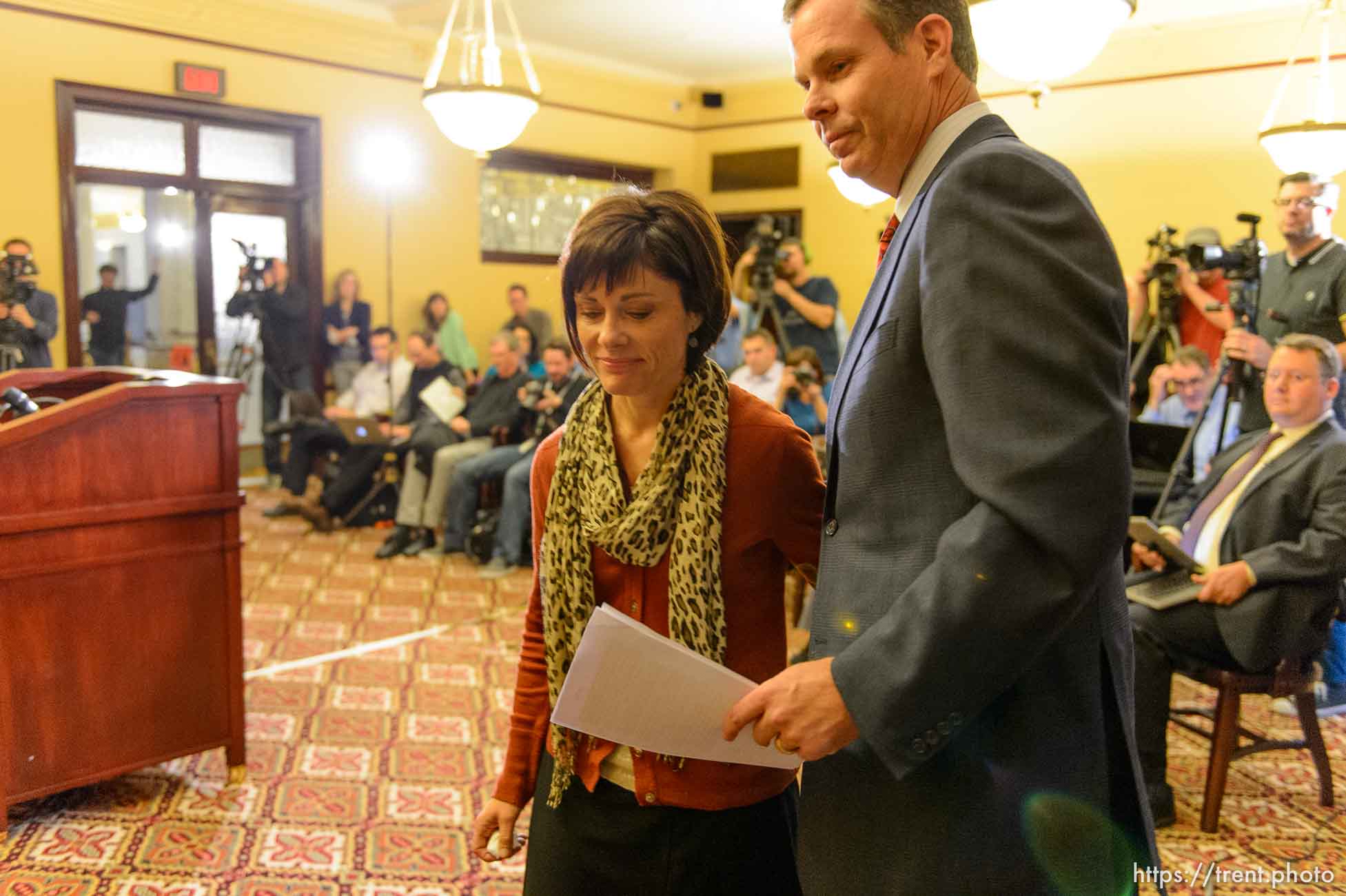 Trent Nelson  |  The Salt Lake Tribune
Utah Attorney General John Swallow and his wife Suzanne leave a press conference after announcing his resignation, Thursday November 21, 2013 in Salt Lake City.