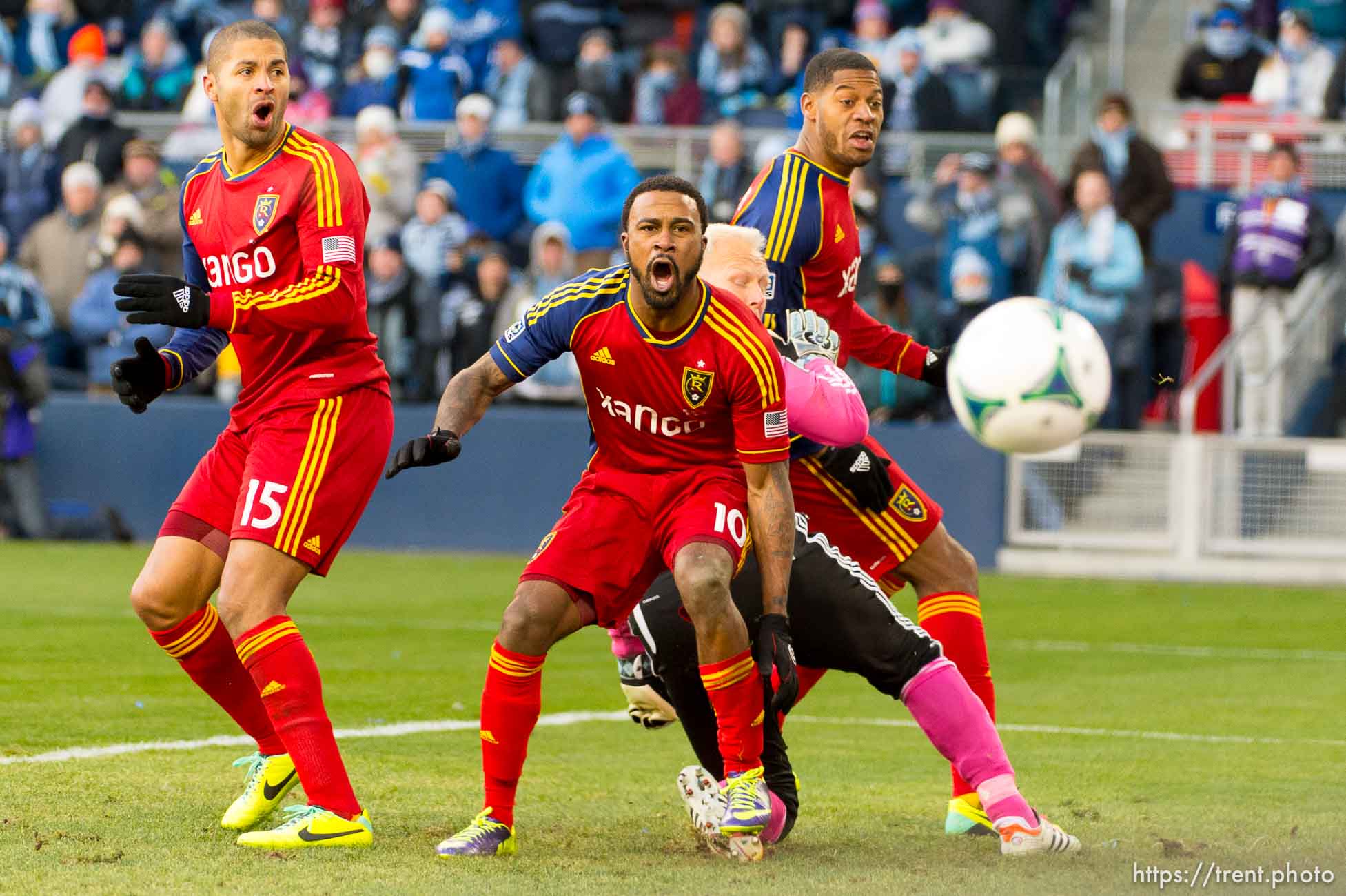 Trent Nelson  |  The Salt Lake Tribune
RSL's Alvaro Saborio, Robbie Findley (10) and Chris Schuler (28) watch a near miss by Saborio as Real Salt Lake faces Sporting KC in the MLS Cup Final at Sporting Park in Kansas City, Saturday December 7, 2013.