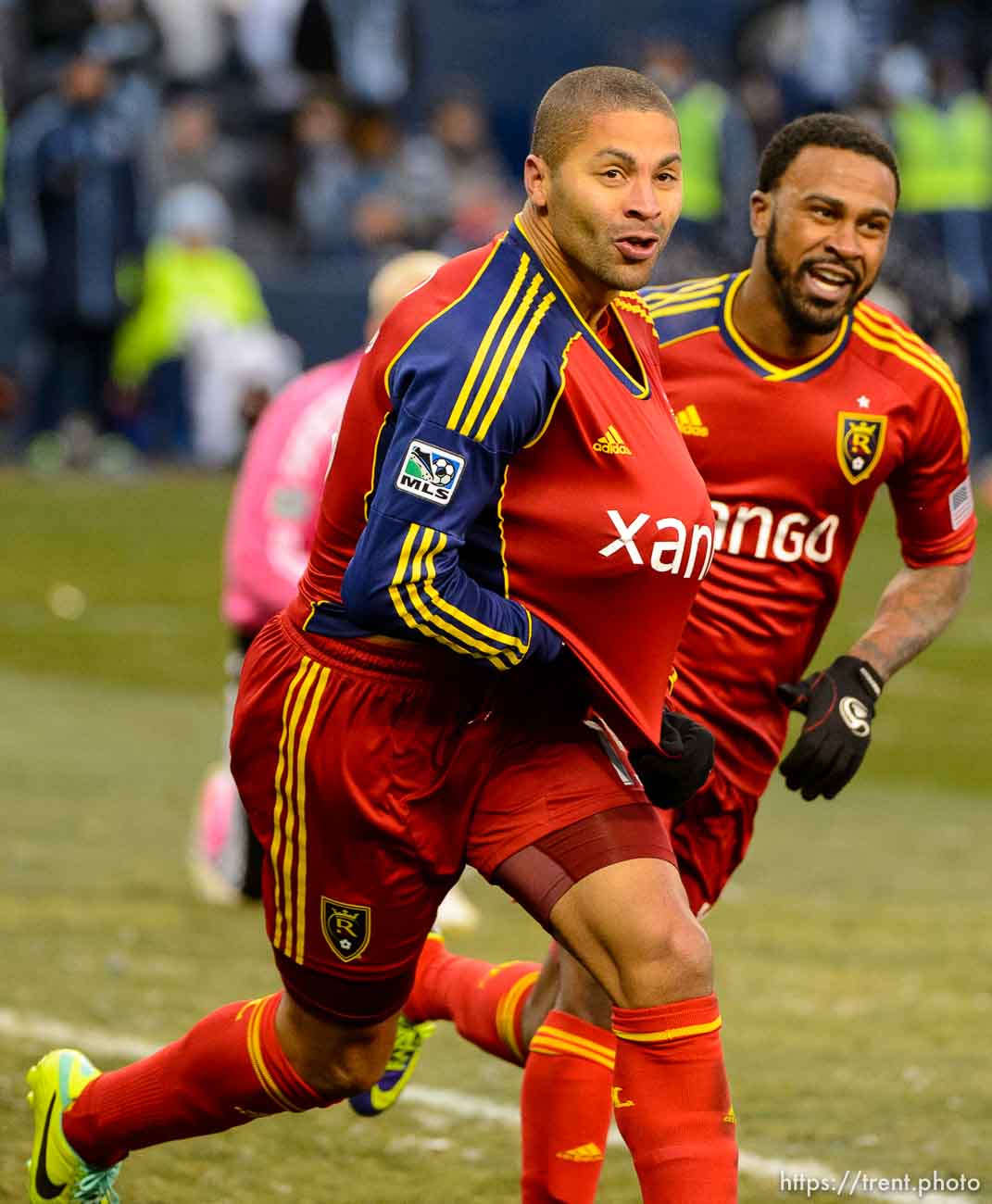 Trent Nelson  |  The Salt Lake Tribune
RSL's Alvaro Saborio celebrates his goal as Real Salt Lake faces Sporting KC in the MLS Cup Final at Sporting Park in Kansas City, Saturday December 7, 2013.