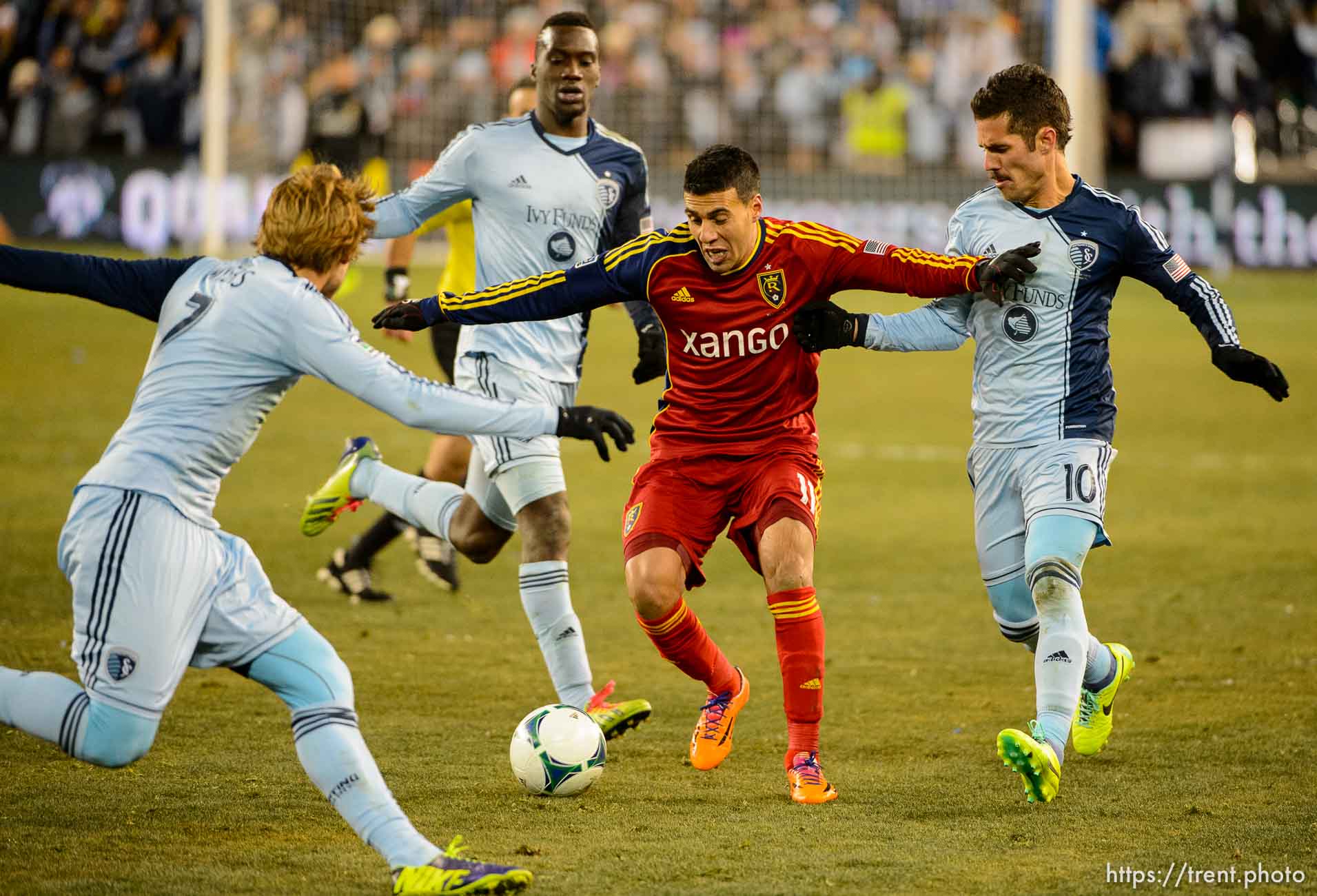 Trent Nelson  |  The Salt Lake Tribune
Real Salt Lake's Javier Morales (11) is surrounded by Sporting KC players as Real Salt Lake faces Sporting KC in the MLS Cup Final at Sporting Park in Kansas City, Saturday December 7, 2013.