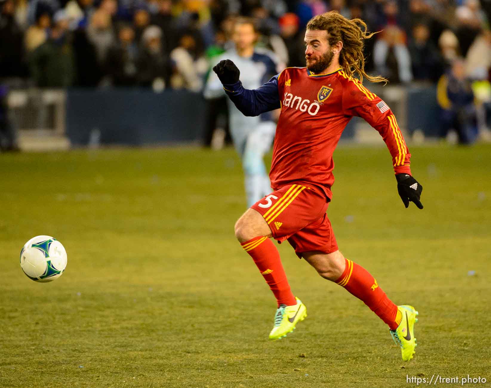 Trent Nelson  |  The Salt Lake Tribune
Real Salt Lake's Kyle Beckerman (5) with the ball as Real Salt Lake faces Sporting KC in the MLS Cup Final at Sporting Park in Kansas City, Saturday December 7, 2013.