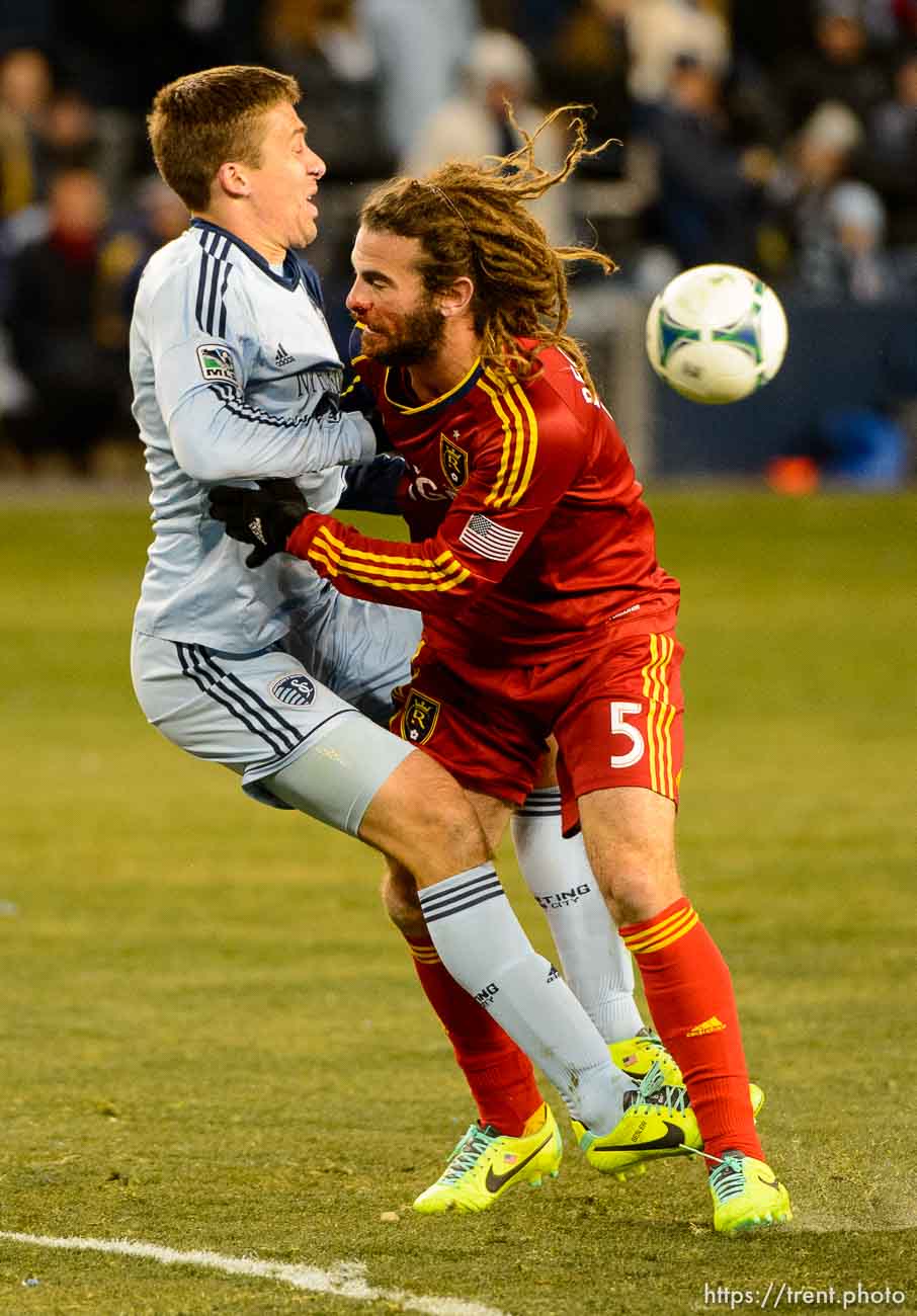 Trent Nelson  |  The Salt Lake Tribune
Real Salt Lake's Kyle Beckerman (5) collides with Sporting KC's Matt Besler (5) as Real Salt Lake faces Sporting KC in the MLS Cup Final at Sporting Park in Kansas City, Saturday December 7, 2013.