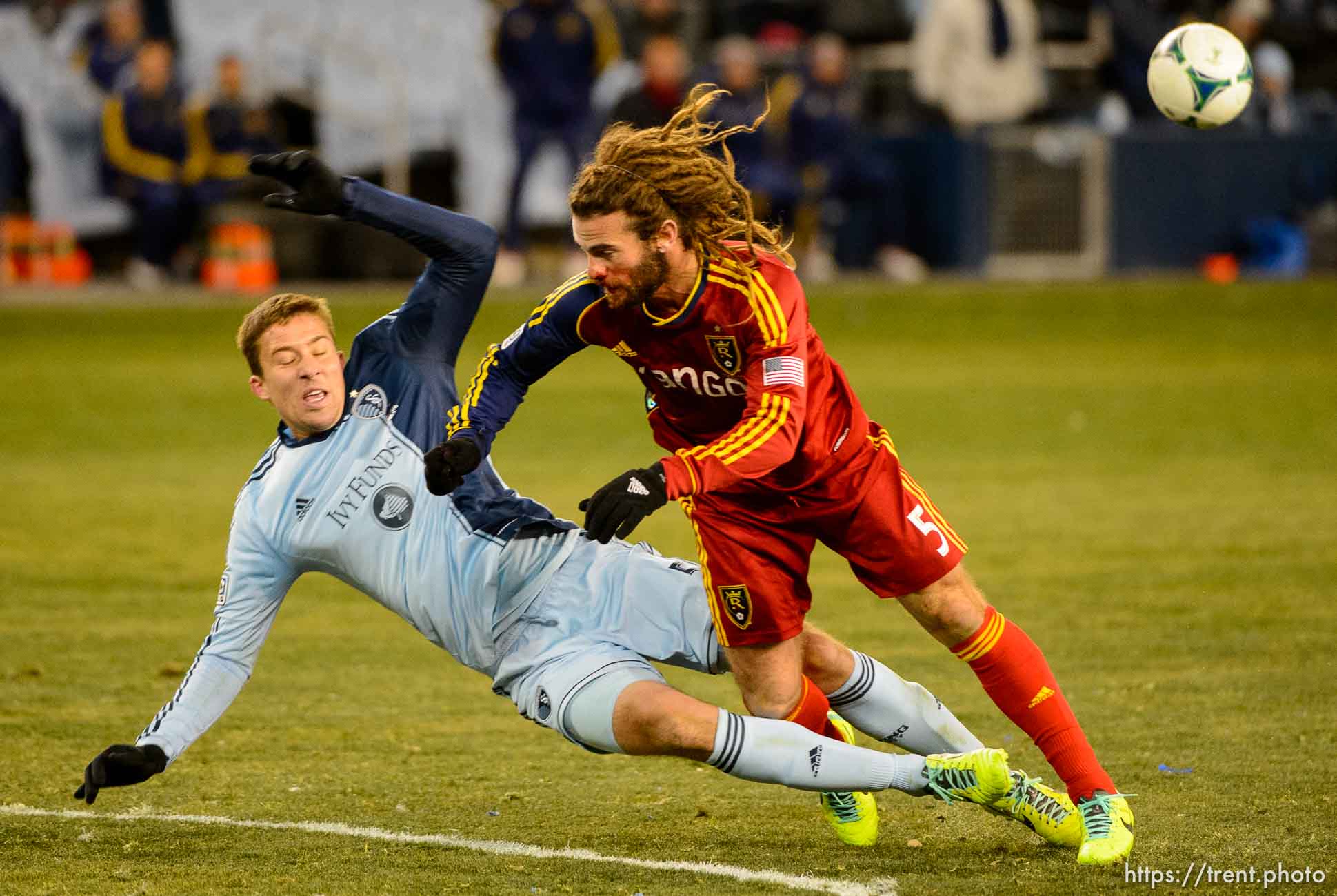 Trent Nelson  |  The Salt Lake Tribune
Real Salt Lake's Kyle Beckerman (5) collides with Sporting KC's Matt Besler (5) as Real Salt Lake faces Sporting KC in the MLS Cup Final at Sporting Park in Kansas City, Saturday December 7, 2013.