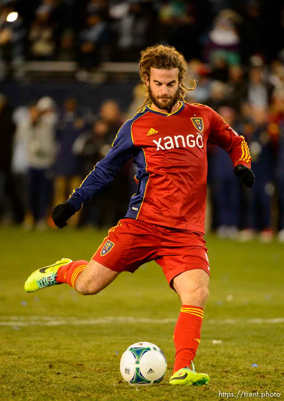 Trent Nelson  |  The Salt Lake Tribune
Real Salt Lake's Kyle Beckerman (5) scores during the shootout as Real Salt Lake faces Sporting KC in the MLS Cup Final at Sporting Park in Kansas City, Saturday December 7, 2013.