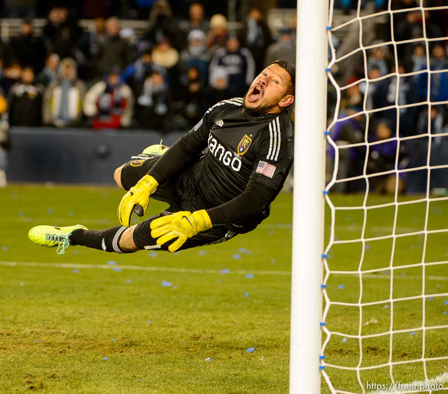 Trent Nelson  |  The Salt Lake Tribune
Real Salt Lake's Nick Rimando (18) leaps for a save during the shootout as Real Salt Lake faces Sporting KC in the MLS Cup Final at Sporting Park in Kansas City, Saturday December 7, 2013.