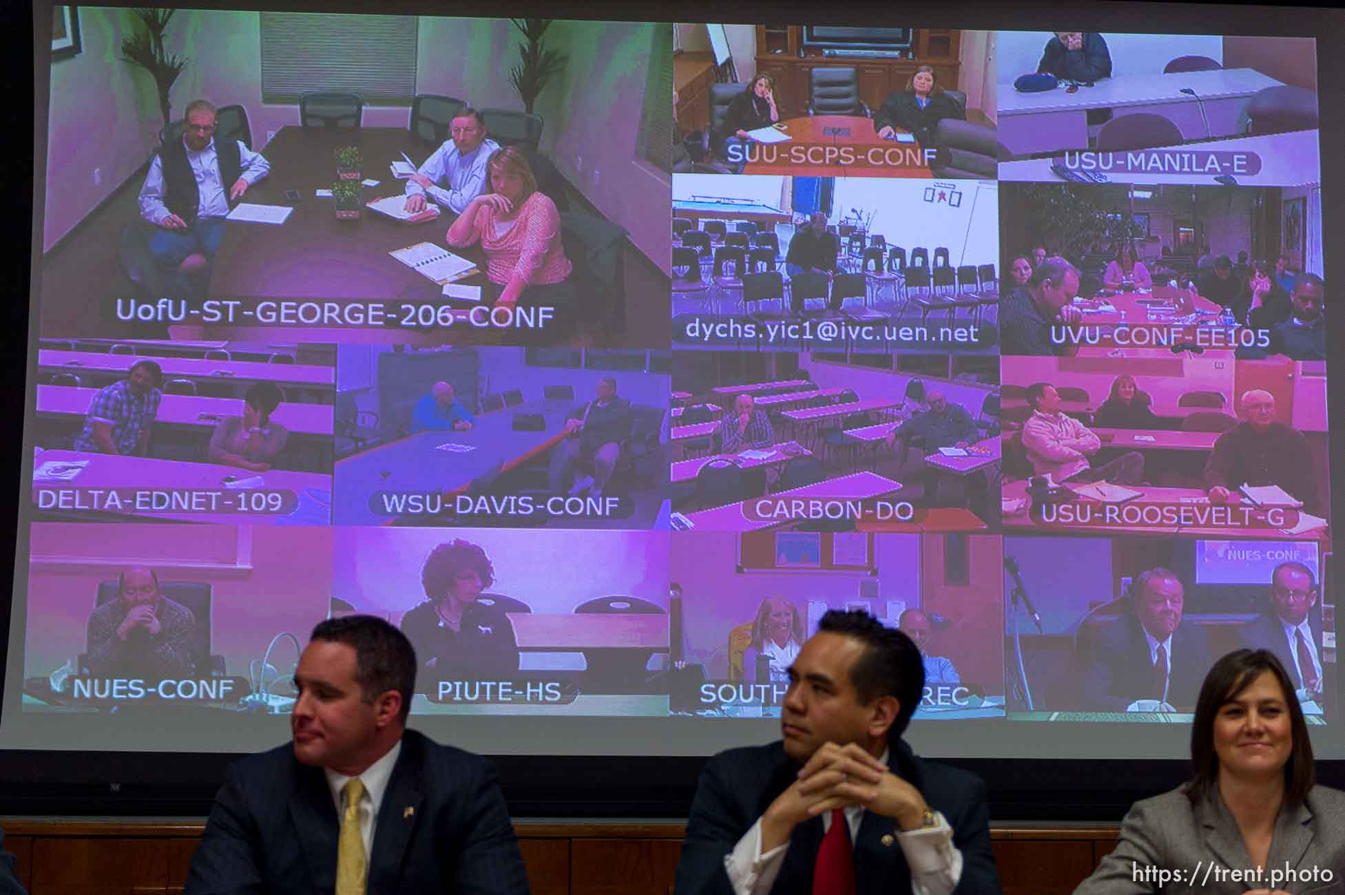 Trent Nelson  |  The Salt Lake Tribune
State Central Committee members look on via videoconference as Attorney General candidates Bret Rawson, Sean Reyes and Michelle Mumford   participate in their only debate before the Saturday special election by the State Central Committee. The committee sends the top three to the governor who chooses the new Attorney General to serve until after the Nov. 2014 election. Wednesday December 11, 2013 in Salt Lake City.