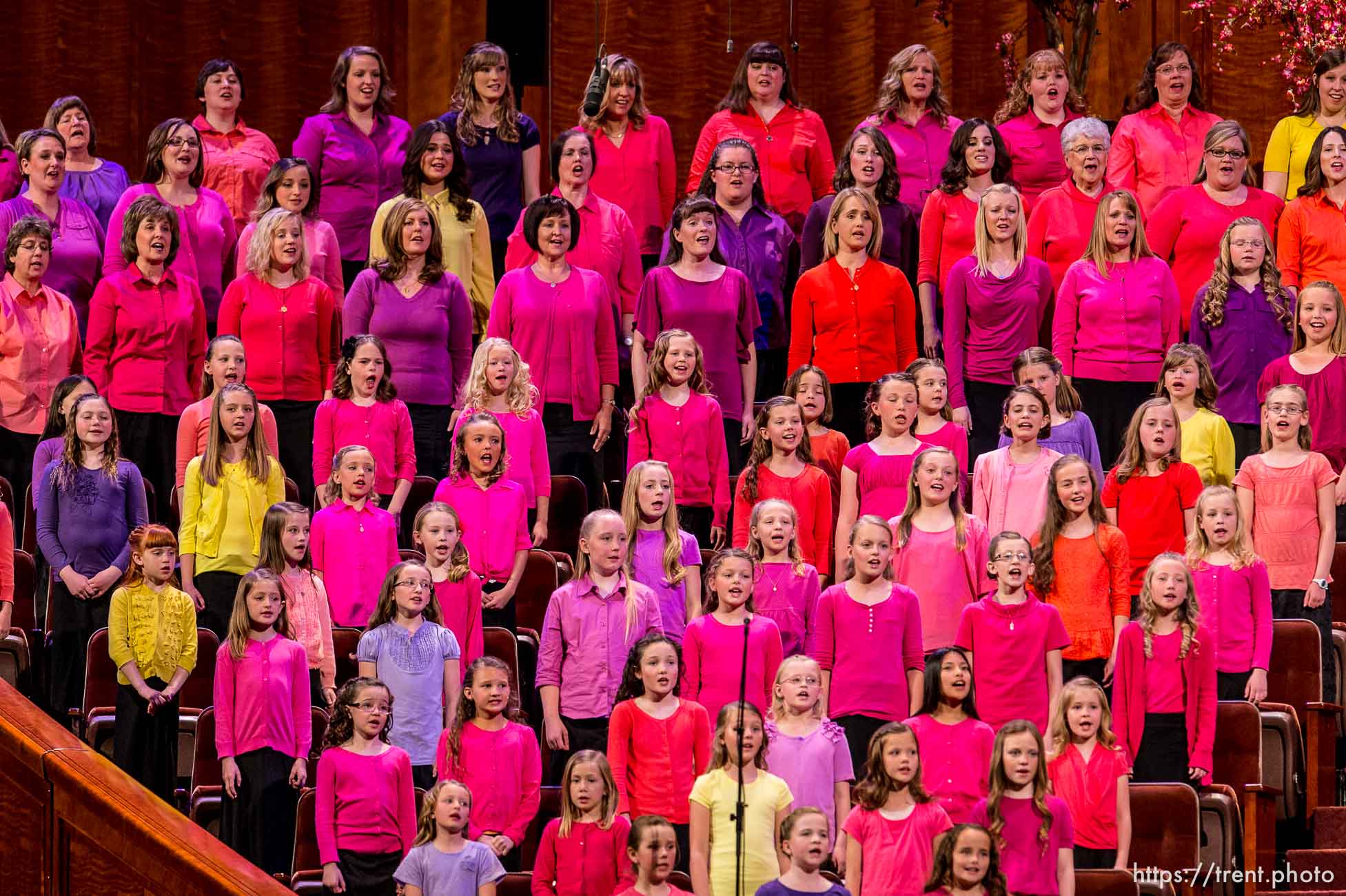 Trent Nelson  |  The Salt Lake Tribune
A choir performs at the LDS General Women's Meeting at the Conference Center in Salt Lake City, Saturday March 29, 2014. For the first time ever for Young Women and Relief Society and Primary will meet altogether, with every LDS female 8 and up invited.