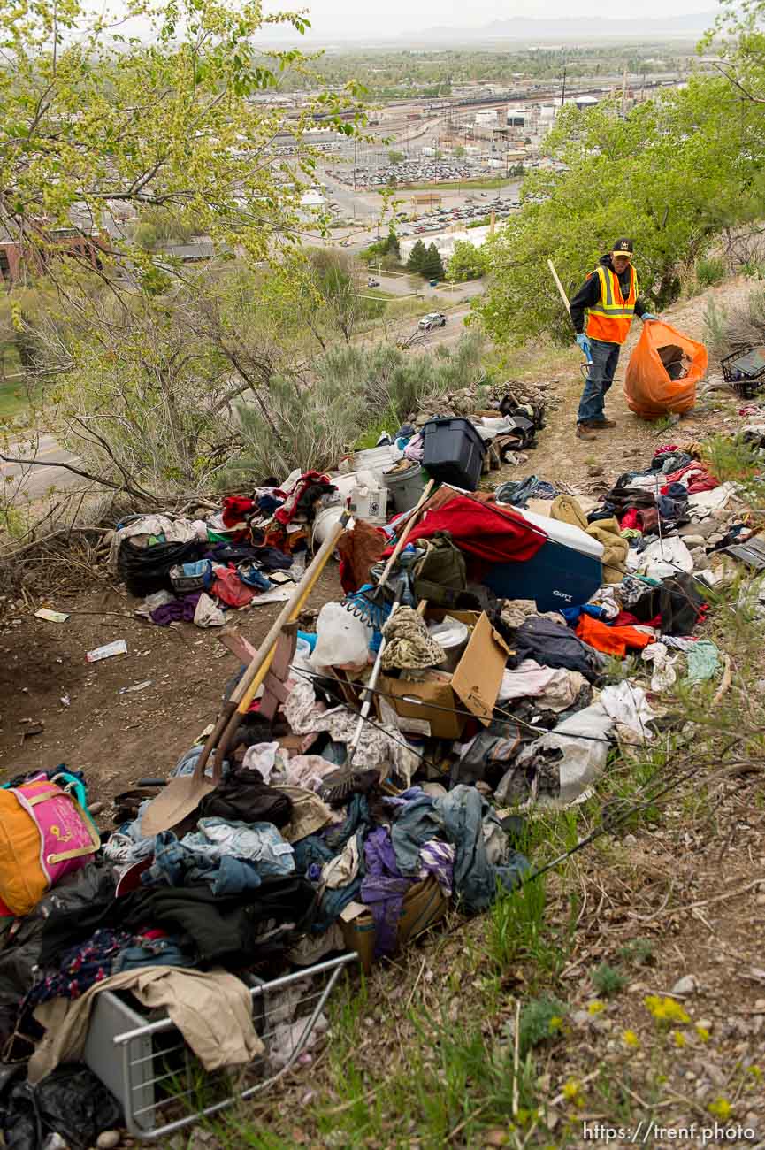 Trent Nelson  |  The Salt Lake Tribune
Salt Lake County Health Department and inmates doing community service spent the day cleaning out homeless encampments on the north side of Salt Lake City, Tuesday April 22, 2014.